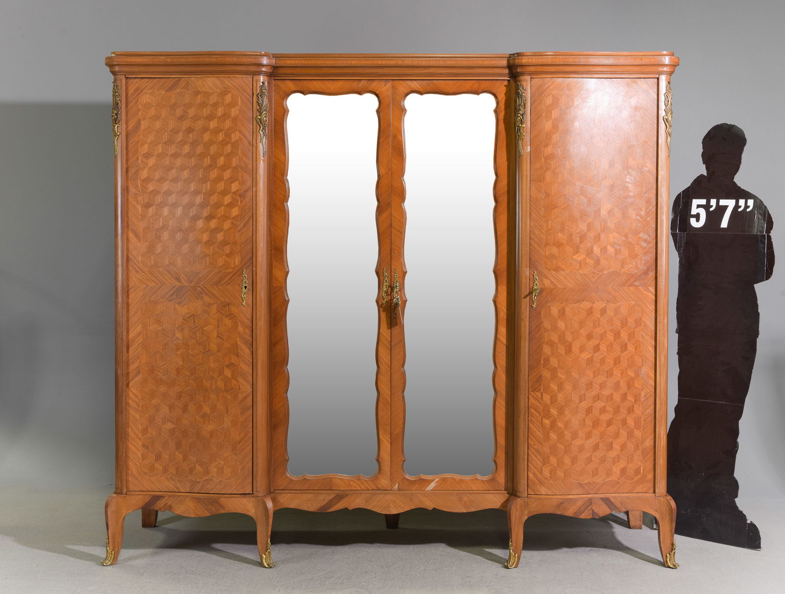 Louis XV Style Four Door Walnut Armoire: French Louis XV Style Four Door Walnut Armoire with Gilded Ormolu Adornments - 75 in tall x 84 x 22