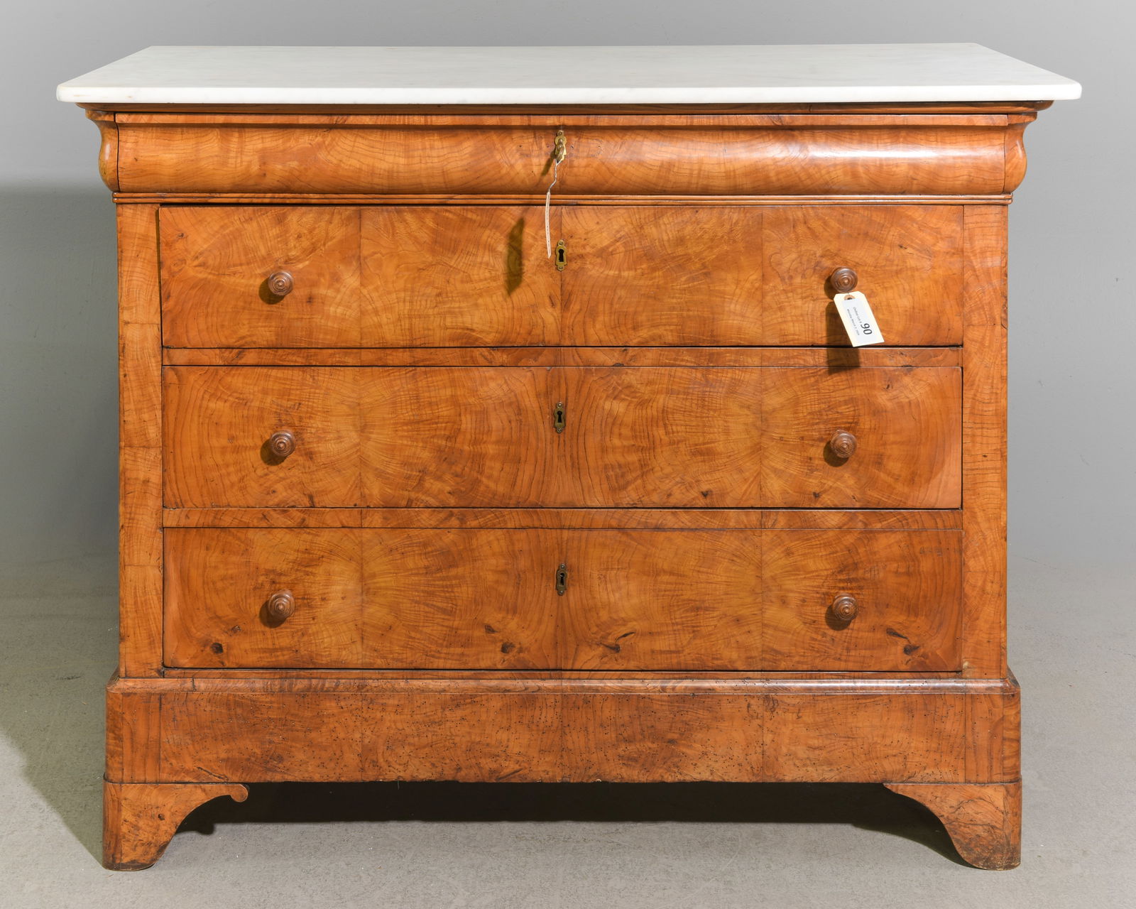 Louis Philippe Style Walnut White Marble Top Chest: French Louis Philippe Style Walnut White Marble Top Four Drawer Chest - 40.5 in tall x 50.5 x 23.25 - There is a key