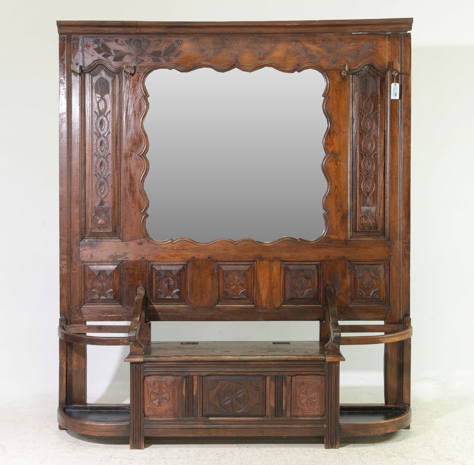 French Large Carved Oak Mirror Back Hall Bench / Stand (1 of 5)