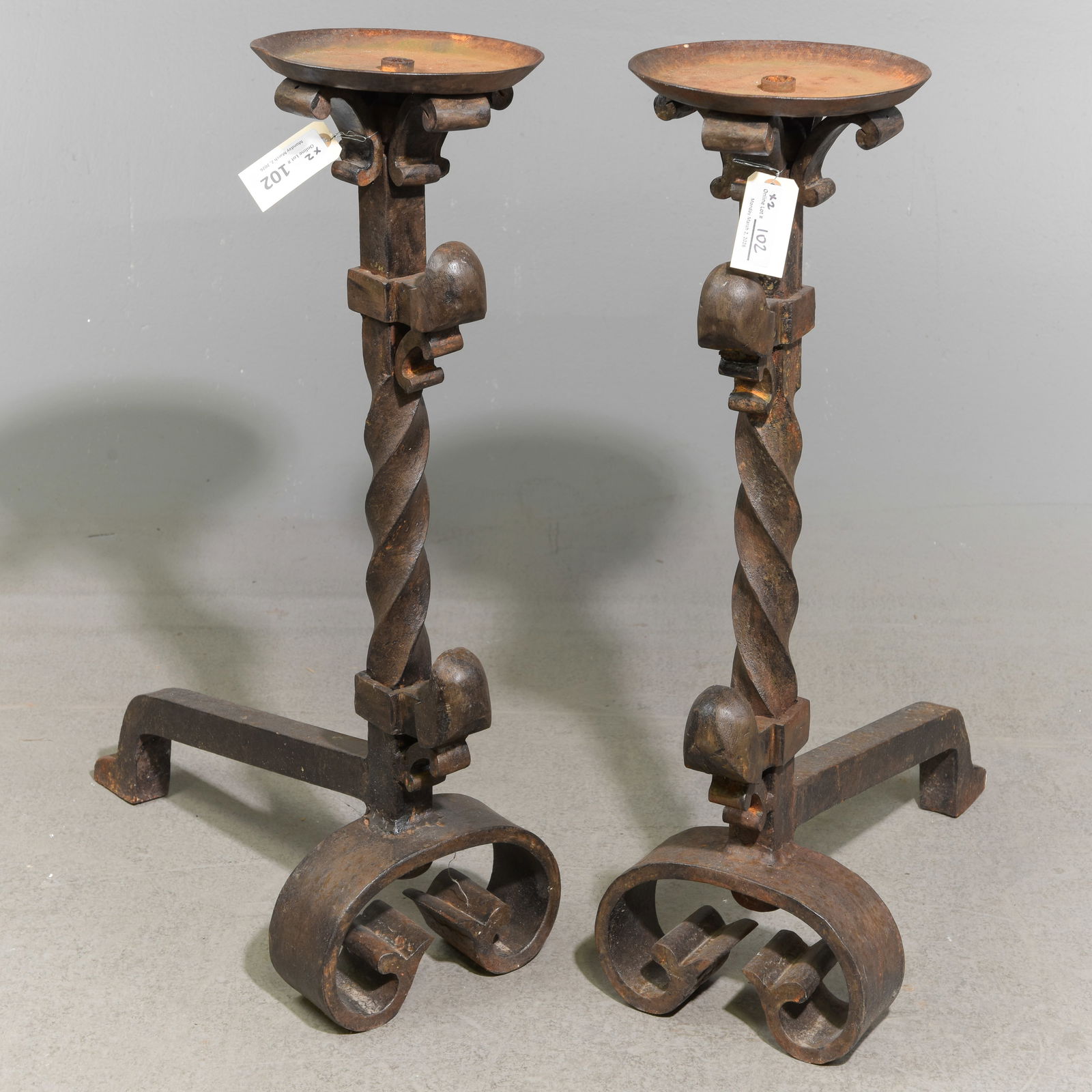 Pair of Heavy Twisted Iron Andirons / Firedogs (1 of 4)