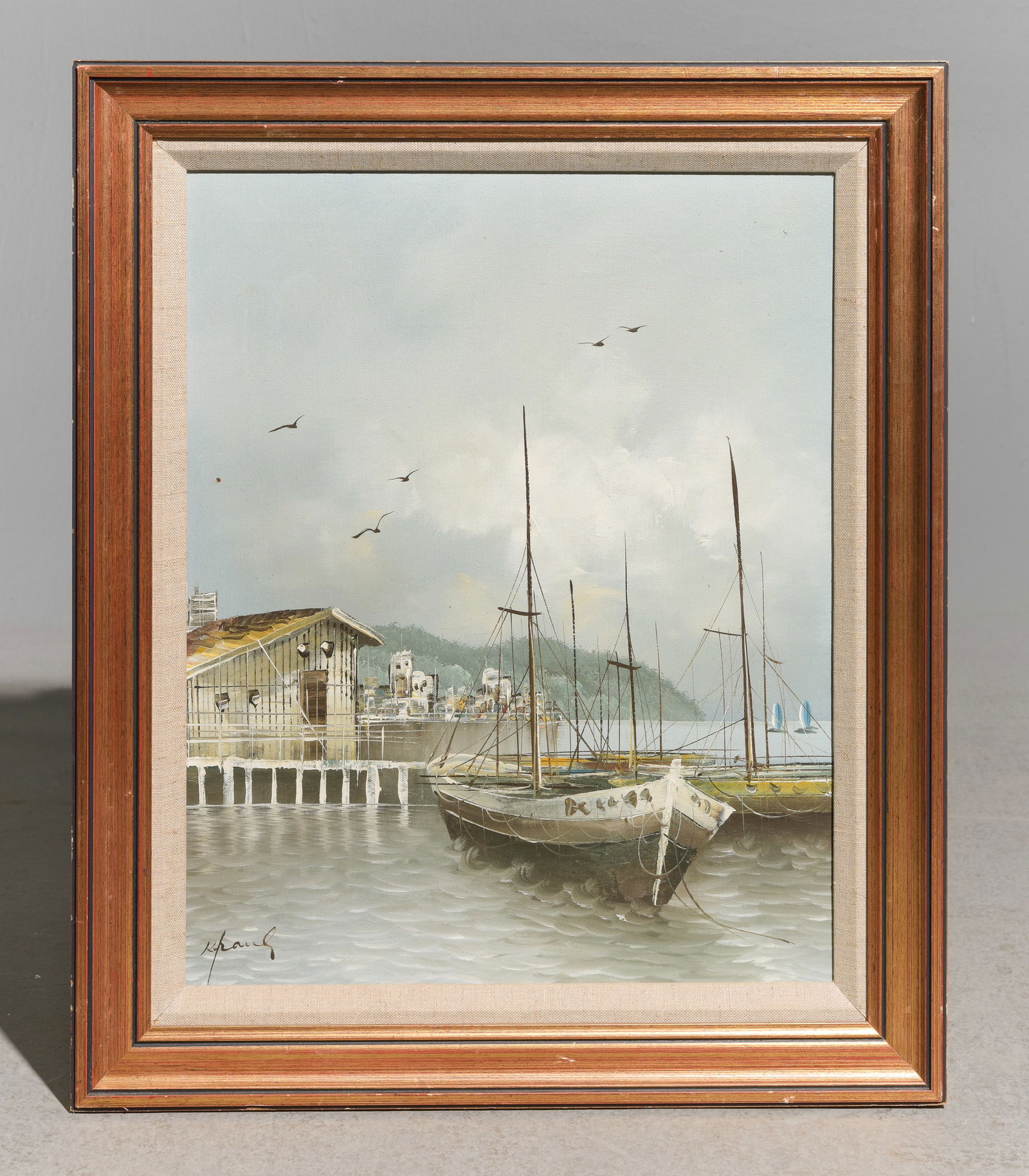 Framed Oil on Canvas Nautical Art - Boats at Dock (1 of 3)