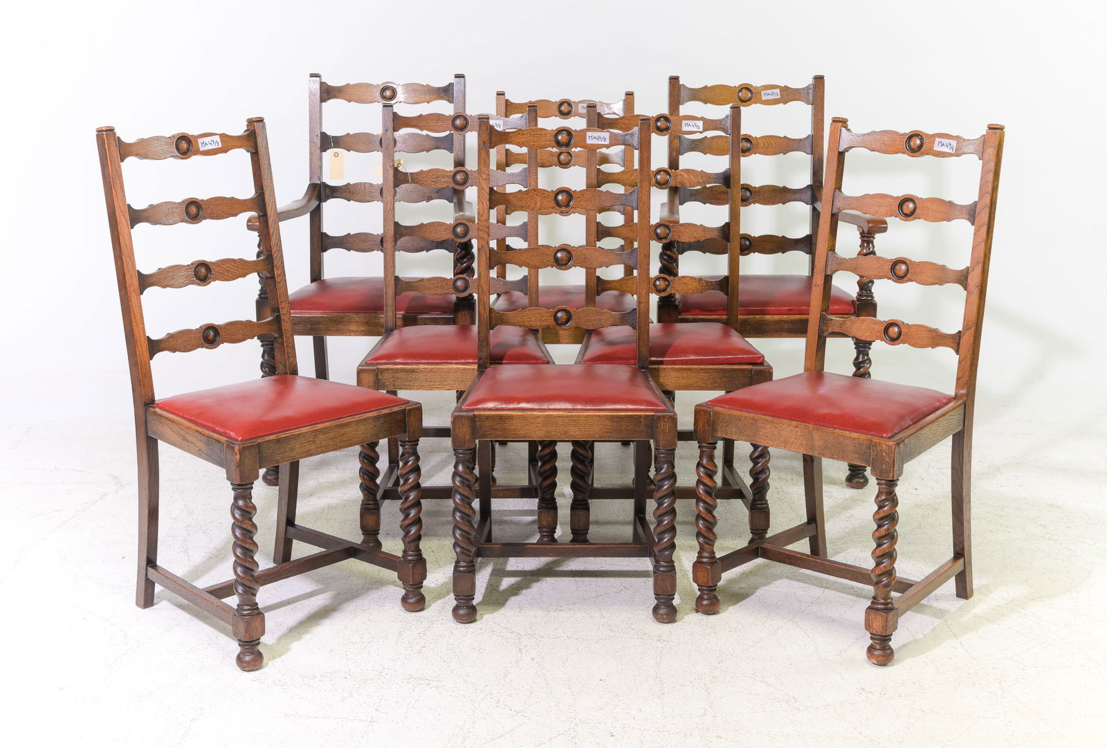 British Oak Set of 8 Barley Twist Chairs: British Oak Set of 8 Barley Twist Chairs - Arm chairs are 41.5 in tall x 22.5 x 22 each with a seat height of 19 inches, Side chairs are 40 in tall x 18 x 17.25 each with a seat height of 18 inches
