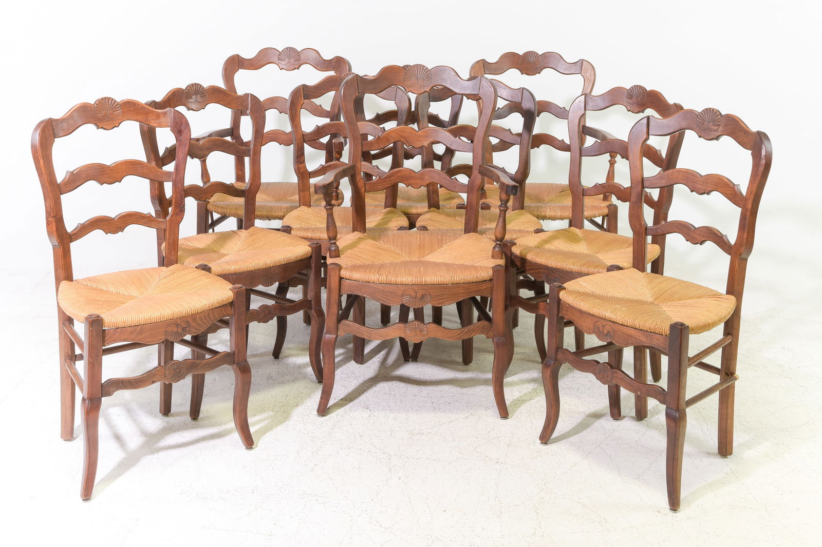 Louis XV Style Set of 10 Oak Rush Seat Chairs: French Louis XV Style Set of 10 Oak Rush Seat Chairs - Arm chairs are 39 in tall x 23 x 18 each with a seat height of 17.5 inches, Side chairs are 36 in tall x 17.5 x 14.5 each with a seat height of