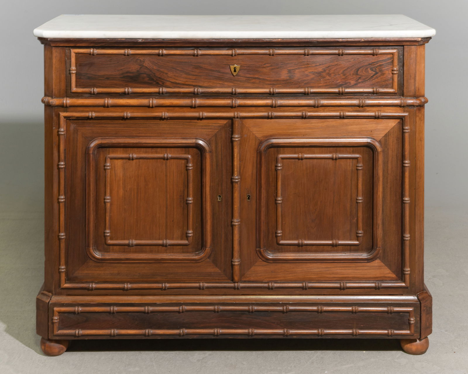 Faux Bamboo White Marble Top Secretary Buffet: Faux Bamboo White Marble Top Secretary Buffet - 38.75 in tall x 46.5 x 20.5