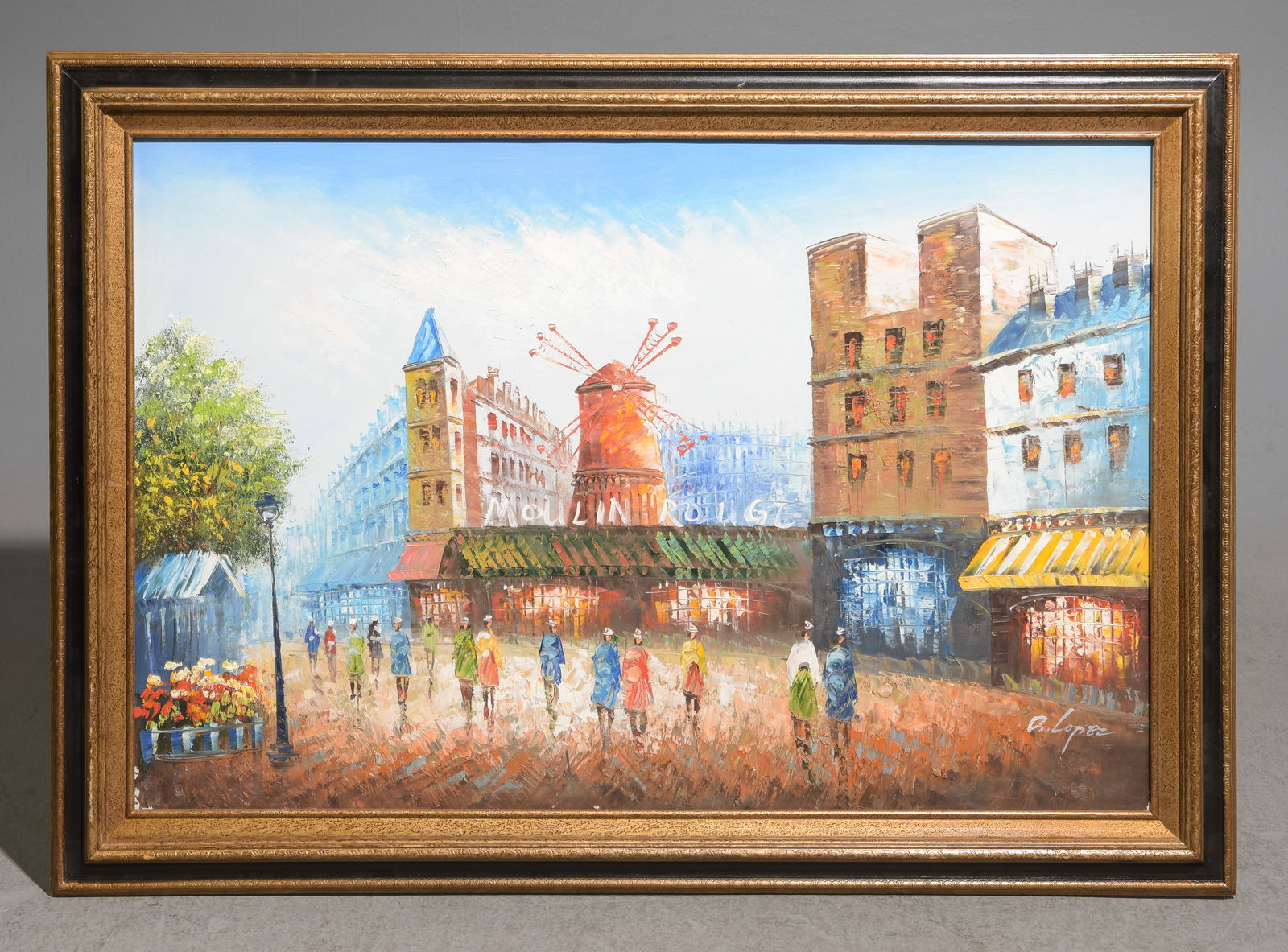 Framed Oil on Canvas - French City Street Scene: Framed Oil on Canvas - French City Street Scene - Moulin Rouge