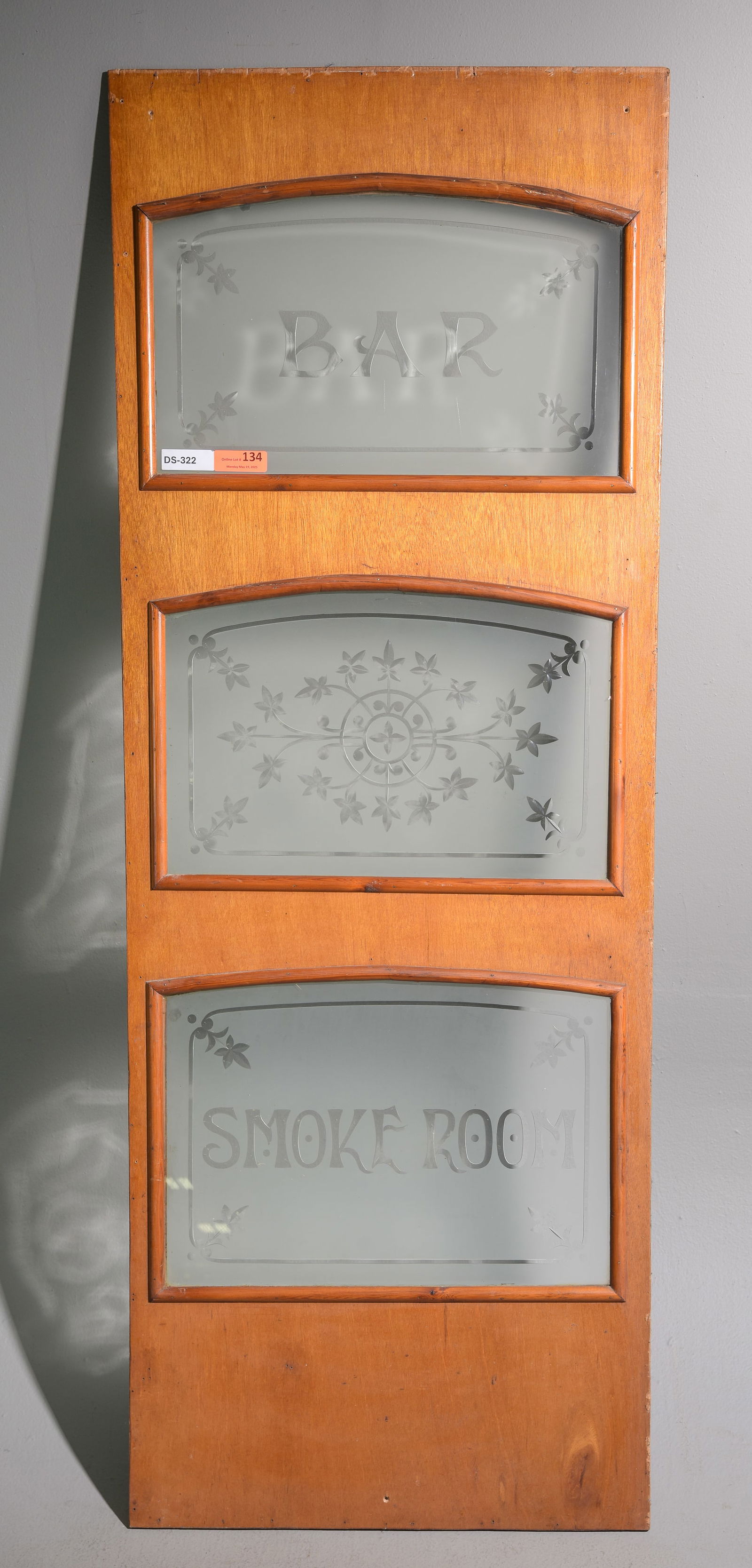 Wood Framed Etched Glass Bar Sign / Panel: Wood Framed Etched Glass Bar Sign / Panel - 73.5 in tall x 27.5 x 1.25