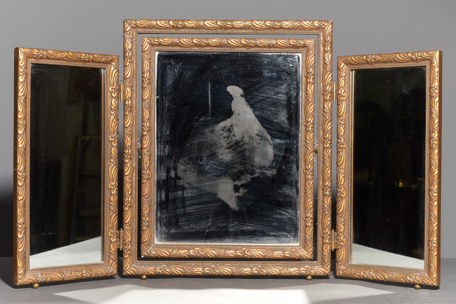 Gold Framed Triple Folding Makeup Mirror: Gold Framed Triple Folding Makeup Mirror - 23 in tall x 19 x 2