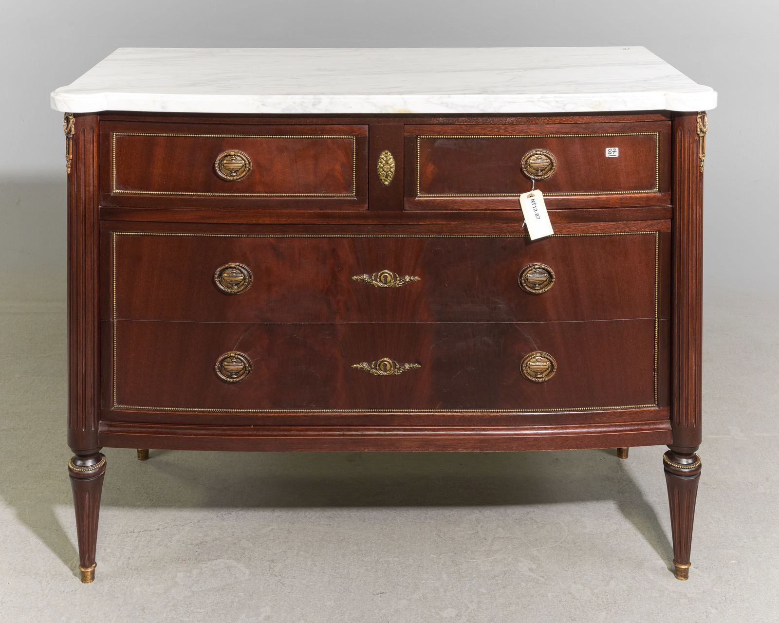 Louis XVI Style Curved White Marble Top Chest: French Louis XVI Style Curved White Marble Top Chest - 34.5 in tall x 43.5 x 20