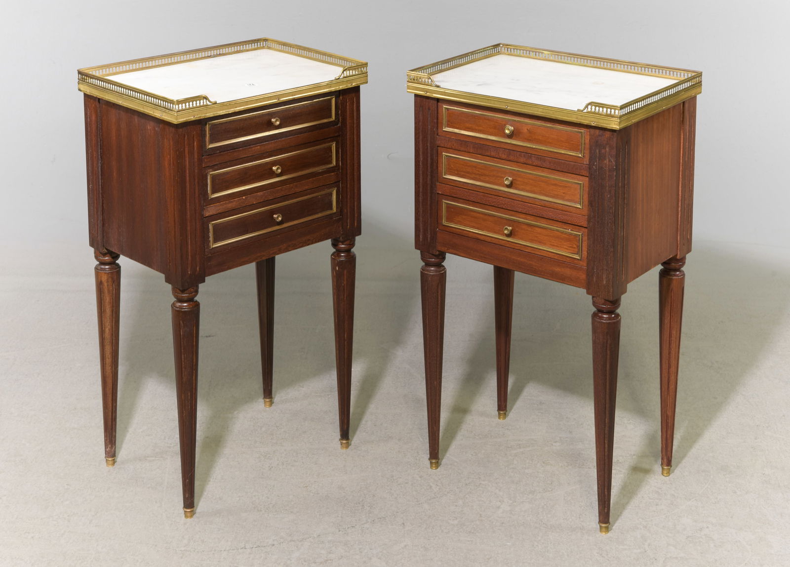 Pair Of Louis XVI Style White Marble Top Nightstands (1 of 4)