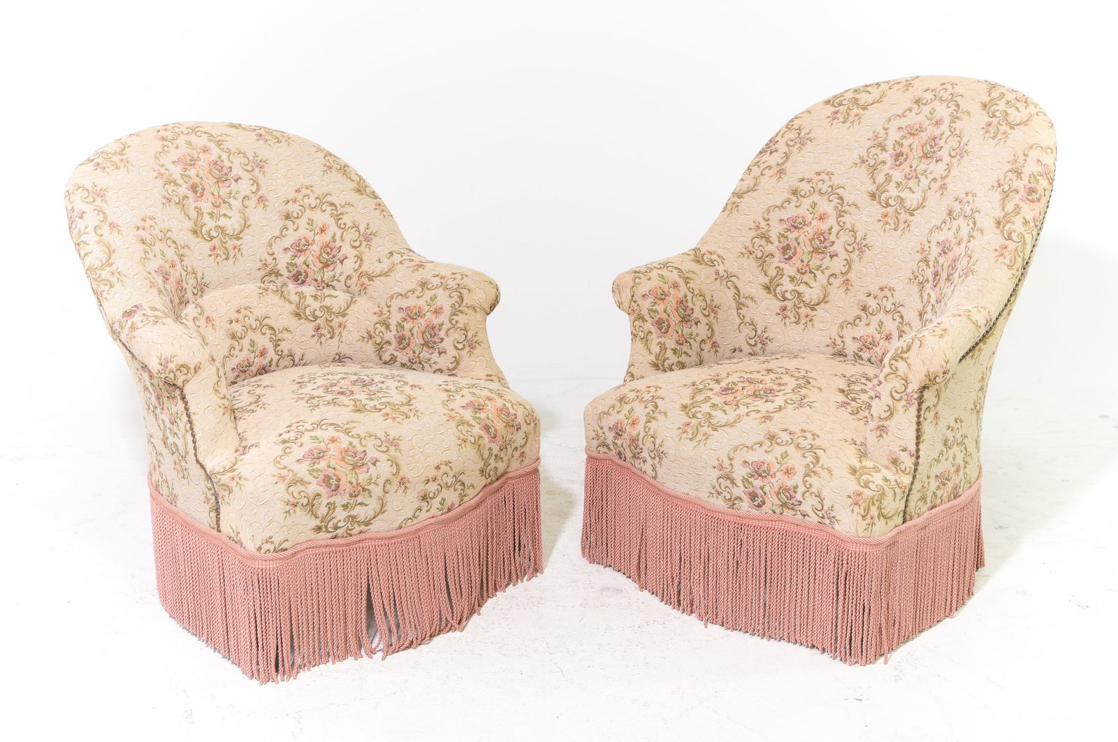 Napoleon III Style Pair of Skirted Crapeau Chairs: French Napoleon III Style Pair of Beech Wood Skirted Crapeau / Boudoir Chairs - 34 in tall x 29 x 27 each with a seat height of 12.5 inches each