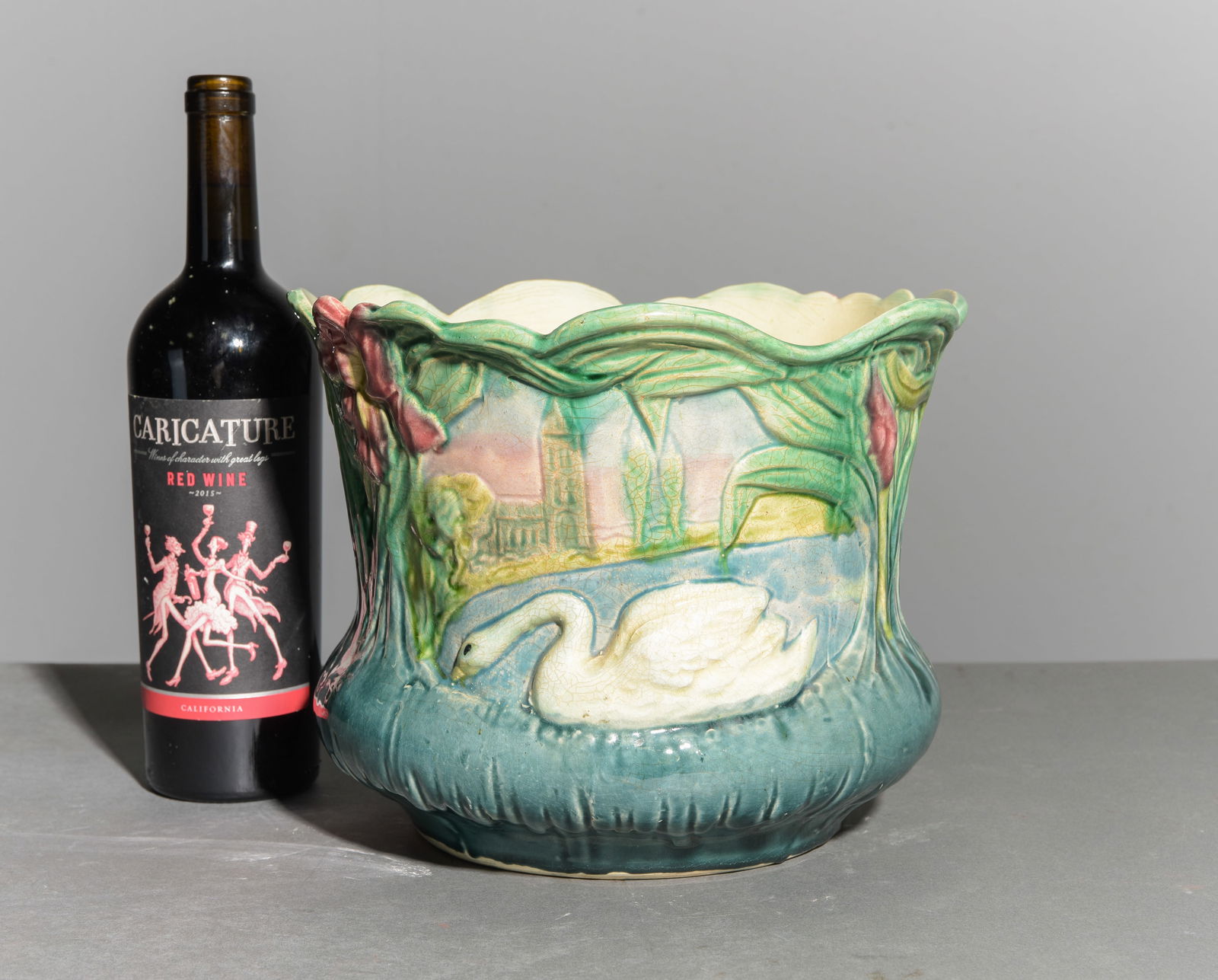 French Majolica Jardiniere / Planter - Swan: French Majolica Jardiniere / Planter - Swan - 8.5 in tall x 10.5 inch diameter