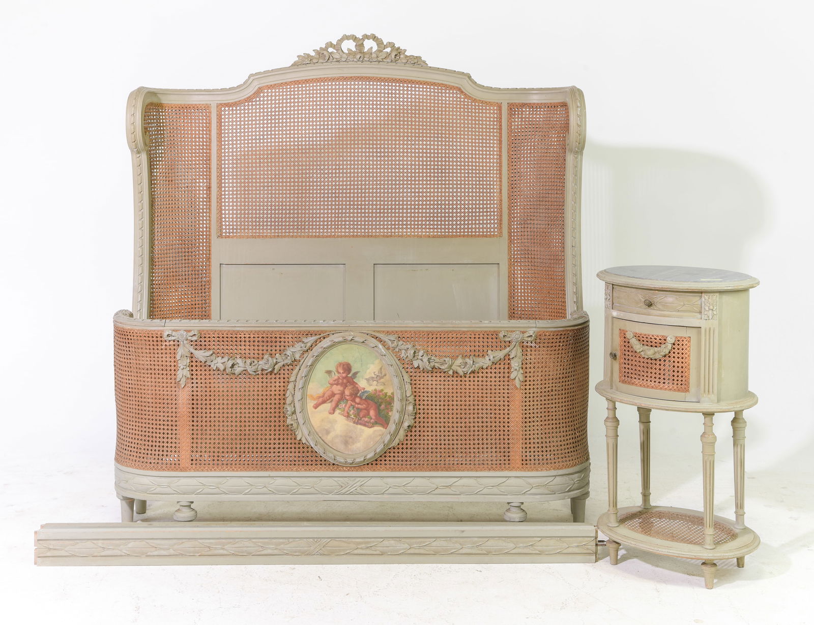 Louis XVI Style Caned Bed with Rails & Nightstand (1 of 8)