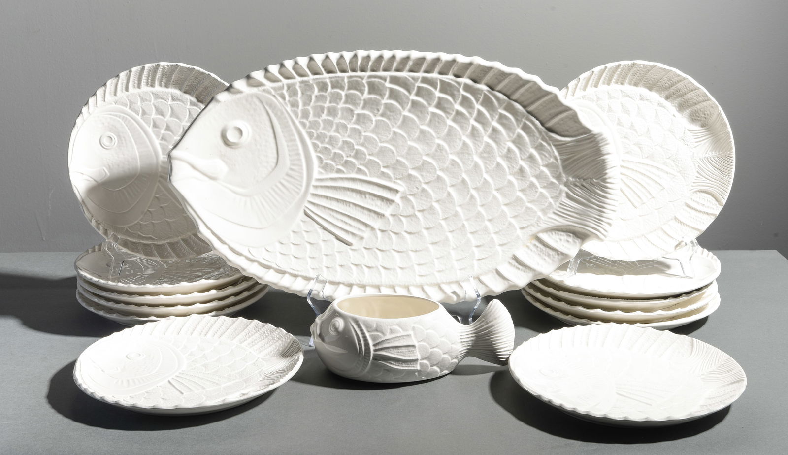 14pc French Fish Plate Service Set: 14pc French Fish Plate Service Set - Platter, 12 Plates & Sauce Boat - Platter is 1.75 in tall x 21 x 12, Plates are 1.25 in tall x 10 inch diameter each, Sauce Boat is 3 in tall x 9.5 x 5