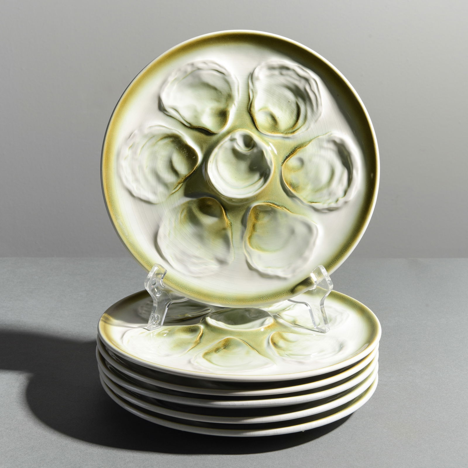 6 French Green Oyster Plates: 6 French Green Oyster Plates - 1 in tall x 9.75 inch diameter each