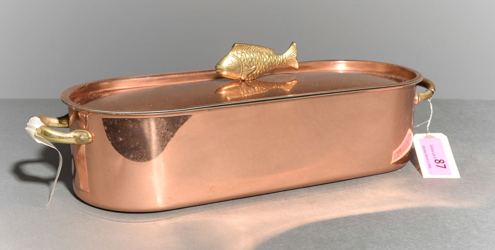 French Polished Copper Fish Kettle / Steamer: French Polished Copper Fish Kettle / Steamer with Insert - 5.5 in tall x 19 x 6.5