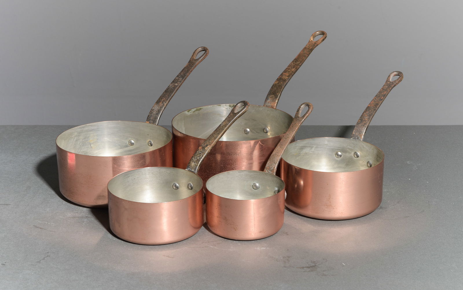 French Polished Copper Set of 5 Sauce Pans #1: French Polished Copper Set of 5 Sauce Pans - Largest is 7.25 in tall x 7.25 x 14.5