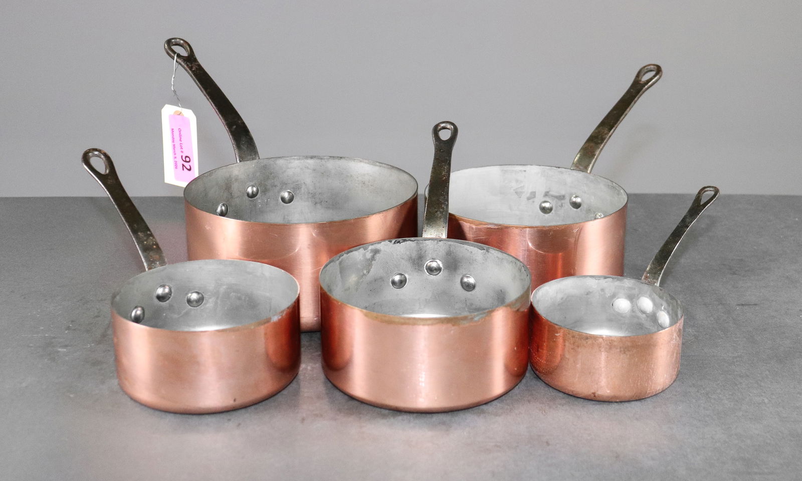 French Polished Copper Set of 5 Sauce Pans #2: French Polished Copper Set of 5 Sauce Pans , they are stamped - Largest is 7 in tall x 7 x 13.5