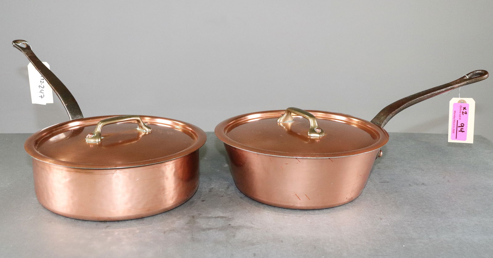 2 Heavy French Copper Frying Pans With Lids: 2 Heavy French Copper Frying Pans With Lids, they're both marked - 6.5 in tall x 19 x 10.75