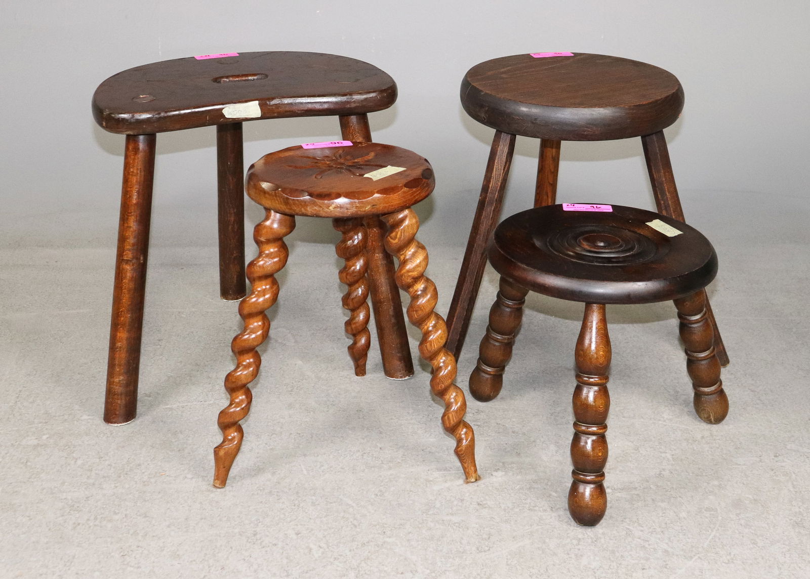4 French Assorted Milk Stools: 4 French Assorted Milk Stools - 18 in tall x 17 x 11.5