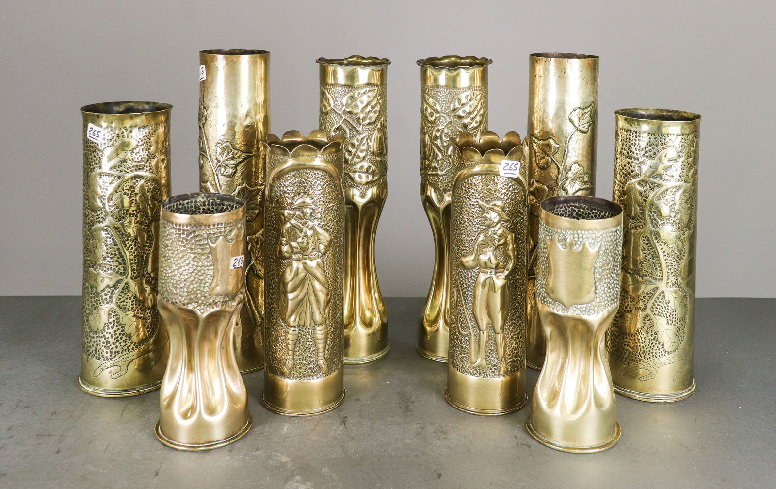 5 Pairs of Brass Trench Art Vases: 5 Pairs of Brass Trench Art Vases - 13 in tall x 4 in diameter