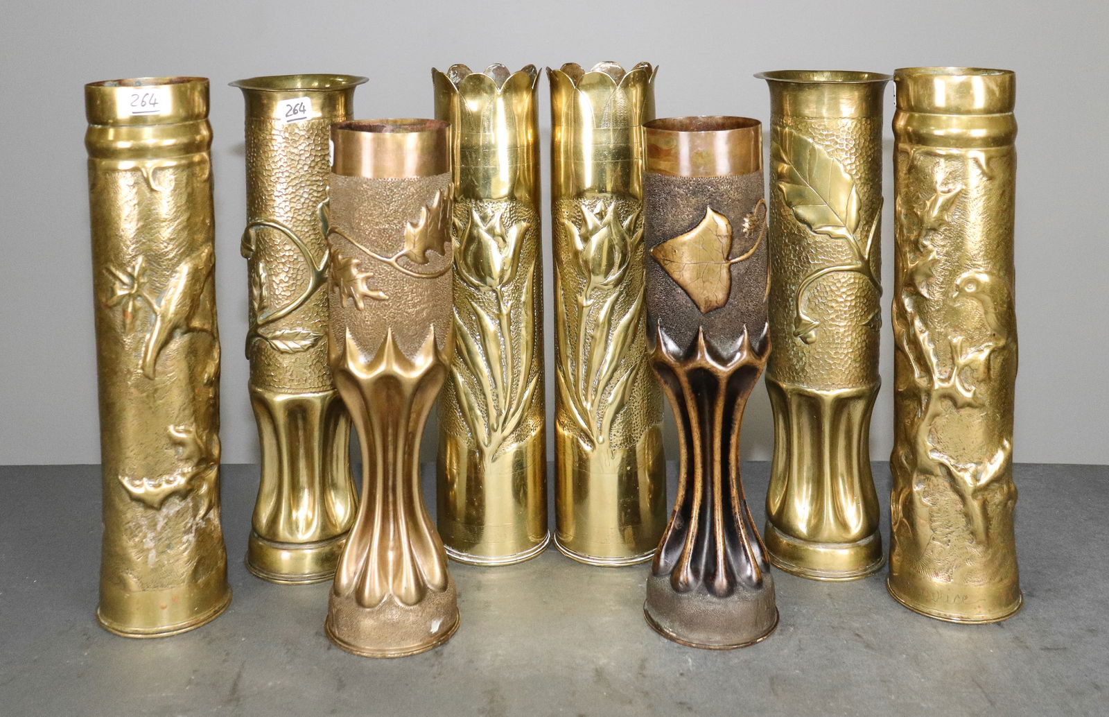 4 Pairs of Brass Trench Art Vases: 4 Pairs of Brass Trench Art Vases - 13.5 in tall x 4 in diameter