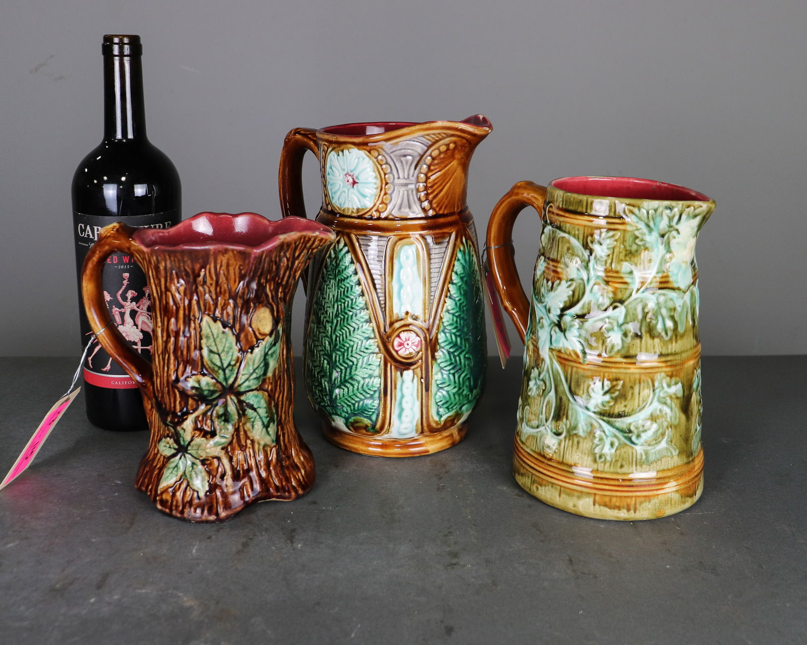 3 French Onnaing Majolica Pitchers #1: 3 French Onnaing Majolica Pitchers - 9.5 in tall x 7.5 x 5.5, 8 in tall x 7.5 x 5, 7 in tall x 6.5 x 5.5
