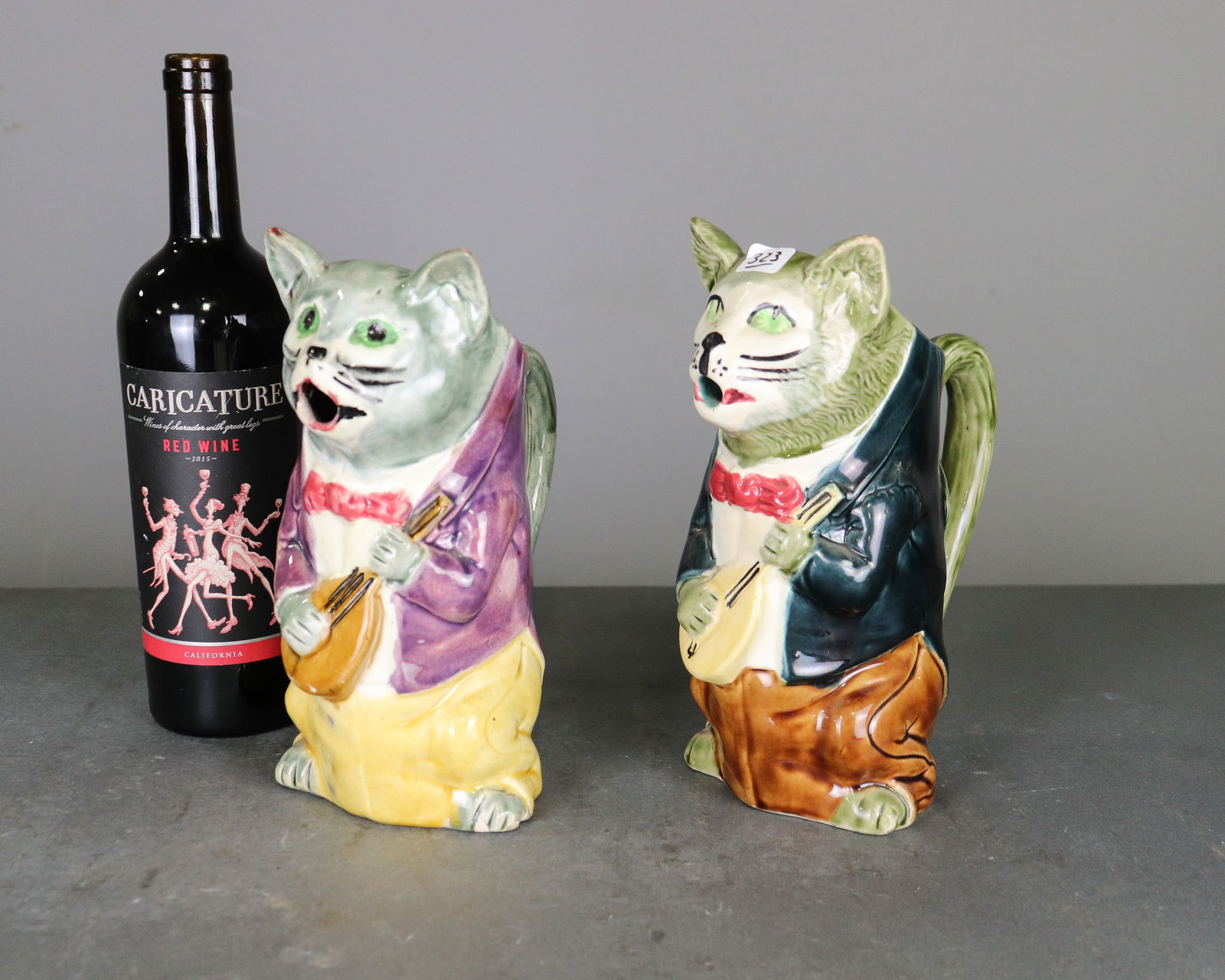 2 French Onnaing Majolica Cat Pitchers: 2 French Onnaing Majolica Cat Pitchers - 9.75 in tall x 4.5 x 8, 9.5 in tall x 4.75 x 7.5