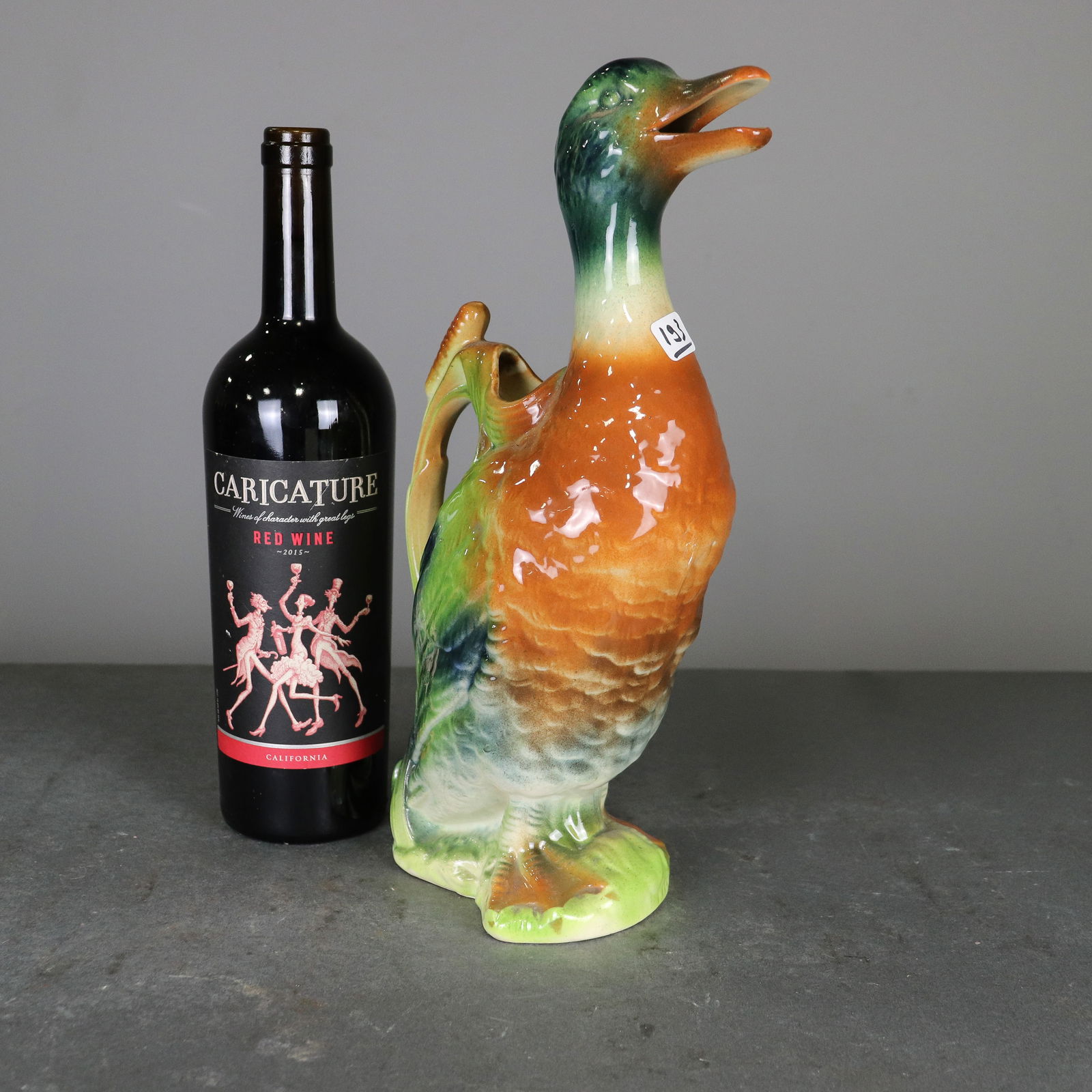 French Onnaing Majolica Duck Pitcher: French Onnaing Majolica Duck Pitcher- 13 in tall x 4.5 x 7.5