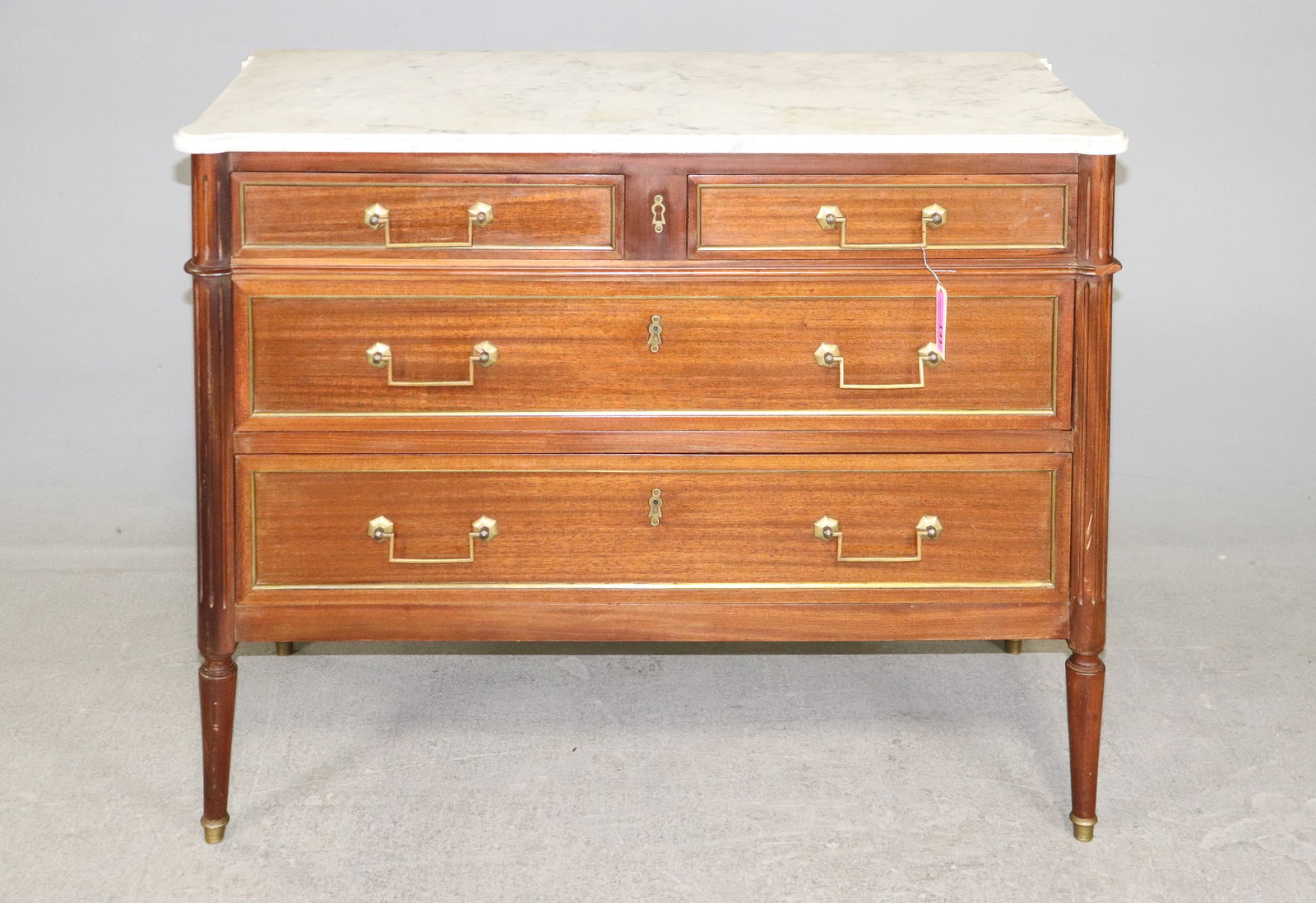 Louis XVI Style White Marble Top Mahogany Chest: Louis XVI Style White Marble Top Mahogany Chest - 33.5 in tall x 43 x 19.5