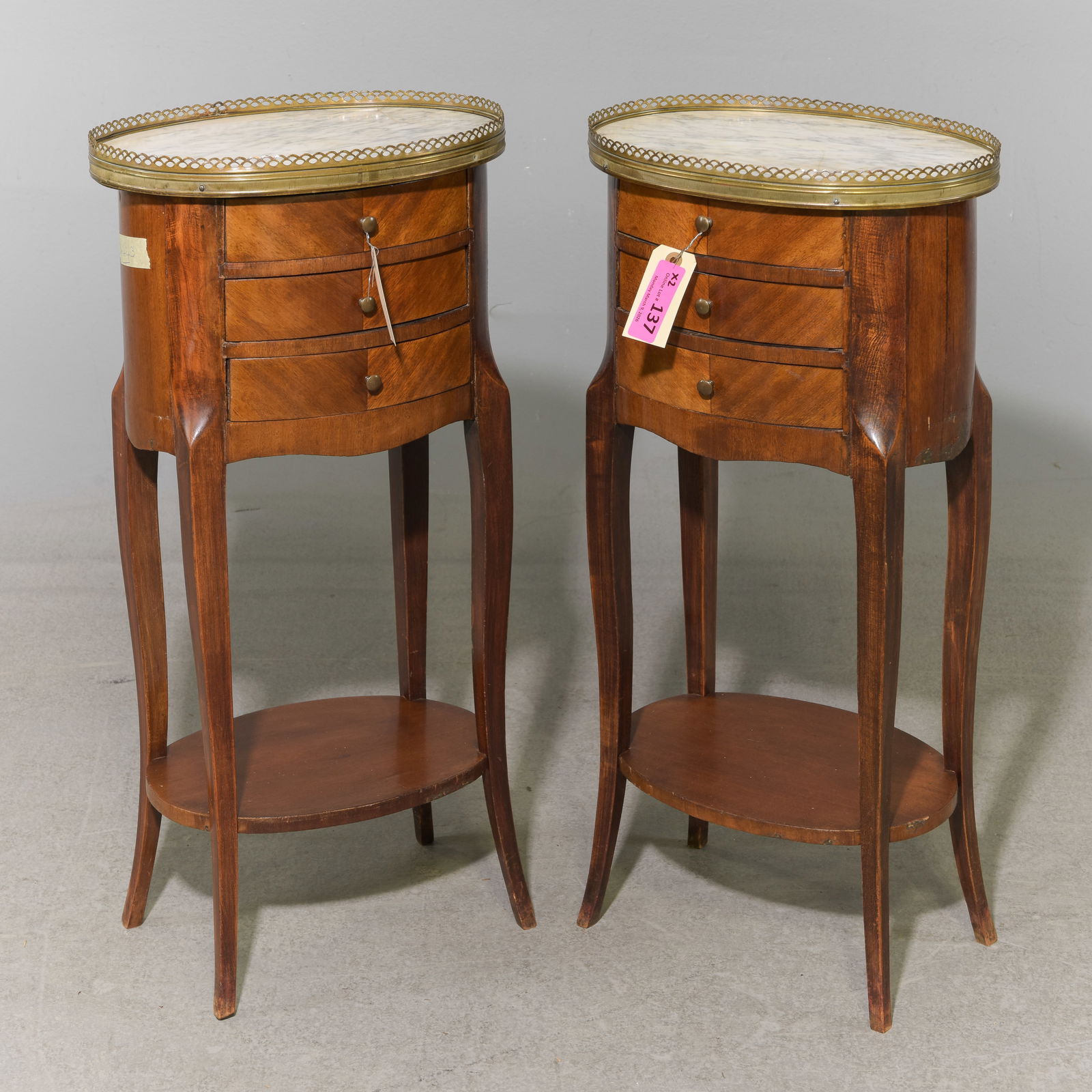 Pair Of Louis XVI Style White Marble Top Nightstands: Pair Of French Louis XVI Style White Marble Top Nightstands - 29 in tall x 14 x 10.5