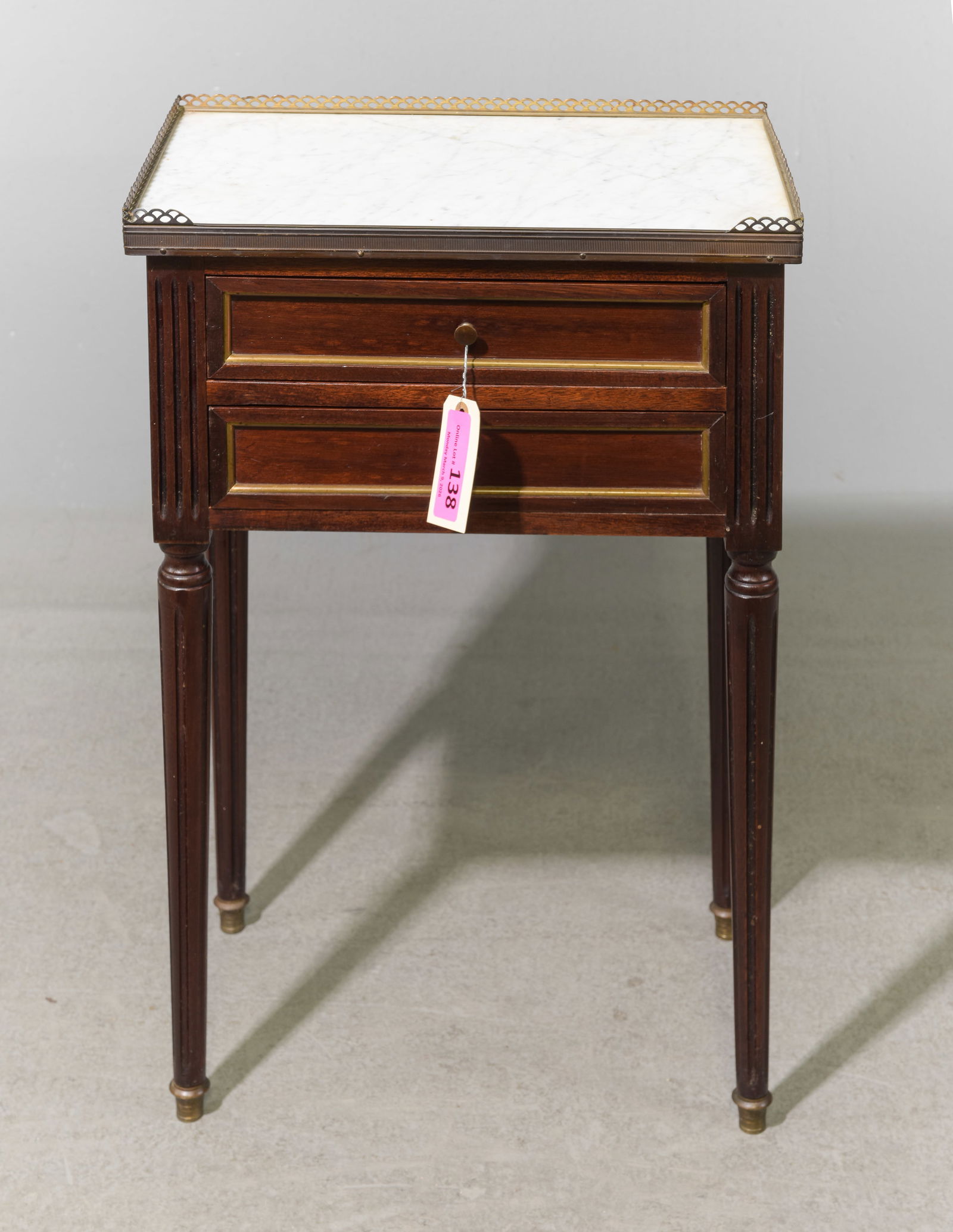 Louis XVI Style White Marble Top Occasional Chest #1: French Louis XVI Style White Marble Top Occasional Chest / Nightstand - 25 in tall x 16 x 10.5