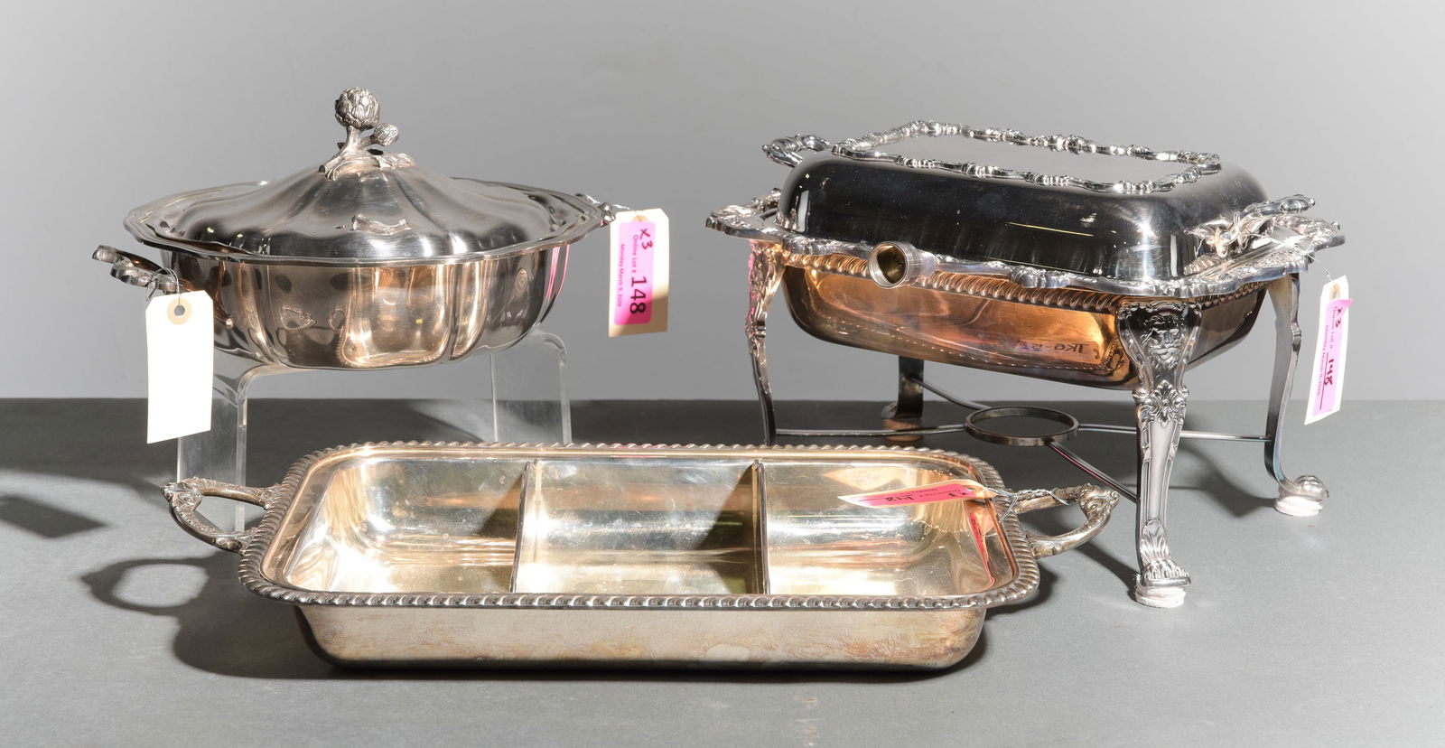 3pcs Sheffield Silverplate Food Serving Dishes: 3pcs Sheffield Silverplate Food Serving Dishes - 9 in tall x 13 x 12, 3 in tall x 20 x 11, 6 in tall x 12.5 x 11