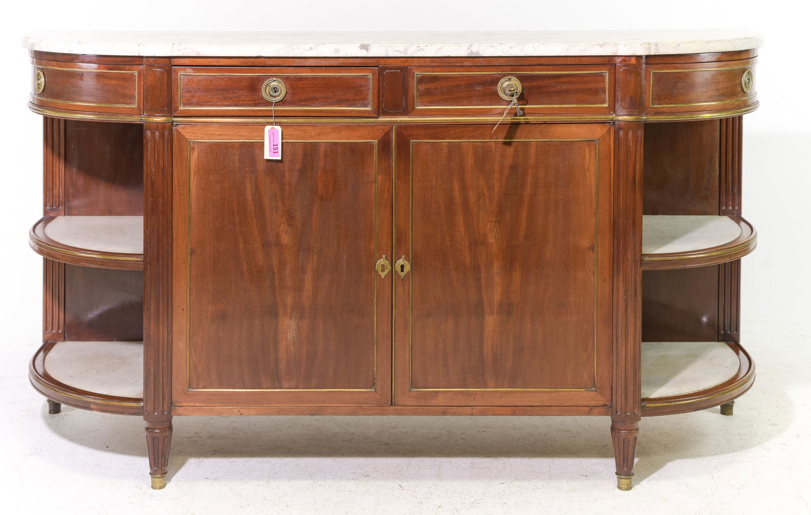 Louis XVI Style Curved White Marble Top Sideboard: French Louis XVI Style Curved White Marble Top Sideboard - 43 in tall x 77.5 x 24