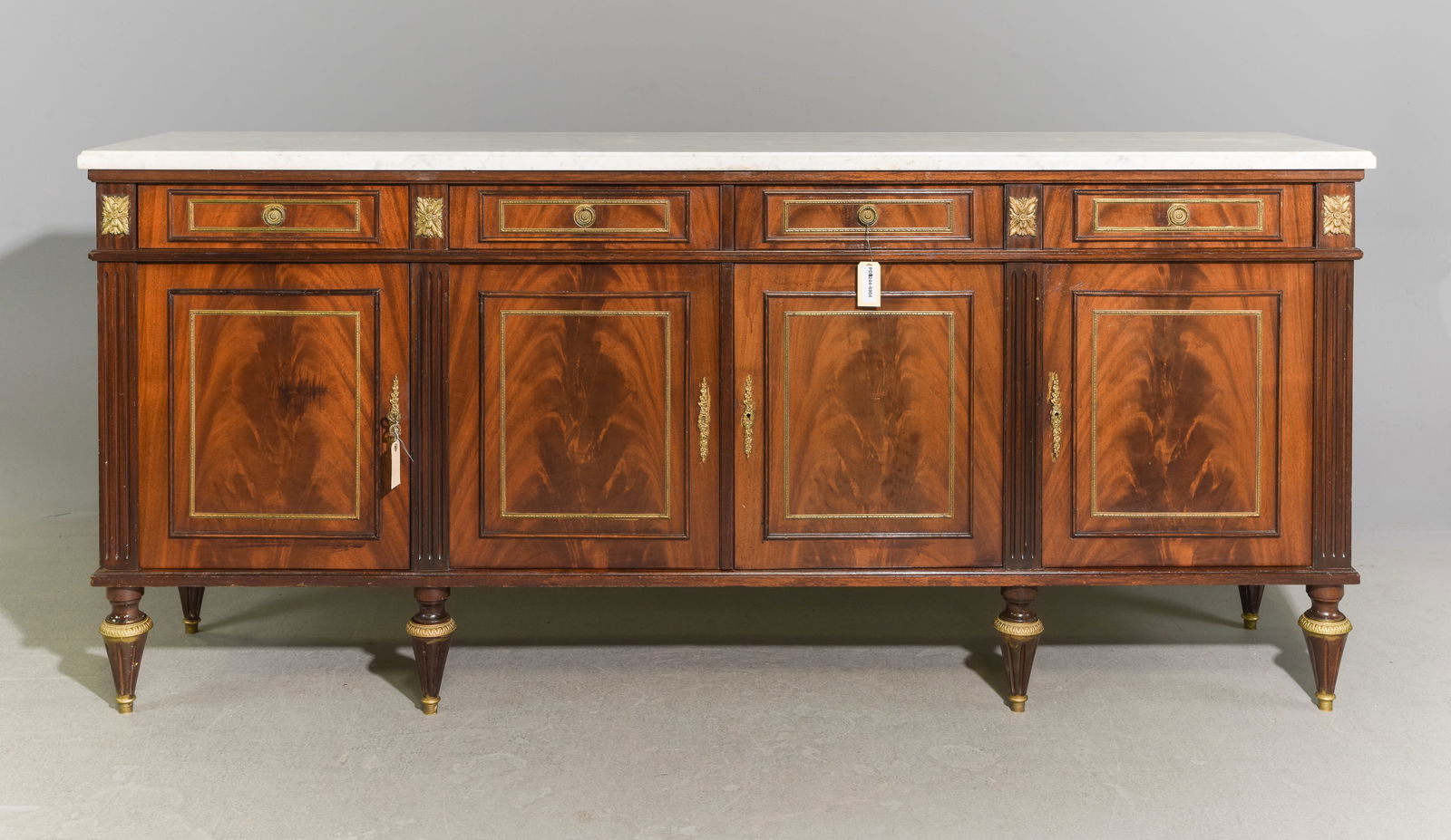 Louis XVI Style White Marble Top Mahogany Sideboard: French Louis XVI Style White Marble Top Mahogany Sideboard / Enfilade - 41 in tall x 90.5 x 20.5