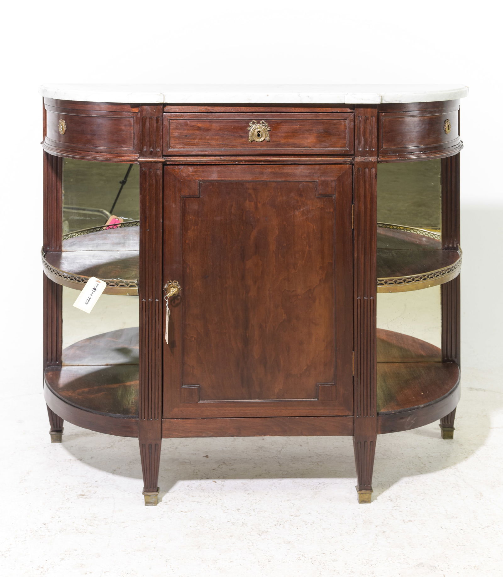 Louis XVI Style White Marble Top Bow Front Server: French Louis XVI Style White Marble Top Bow Front Server / Sideboard - 40.5 in tall x 43 x 16.5