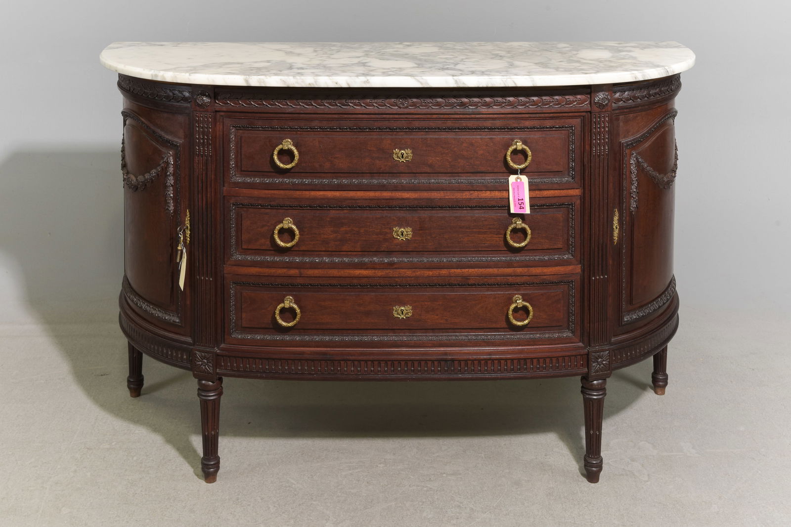 Louis XVI Style White Marble Top Curved Chest: French Louis XVI Style White Marble Top Curved Chest - 35.75 in tall x 55.5 x 21.5
