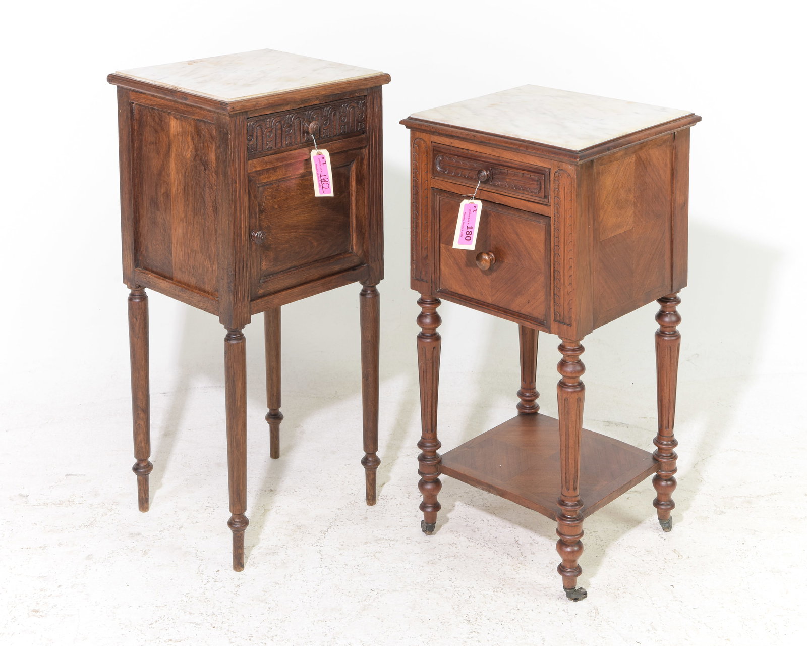 2 Louis XVI Style White Marble Top Nightstands: 2 Louis XVI Style White Marble Top Nightstands - 32 in tall x 14 x 13, 30 in tall x 14 x 13