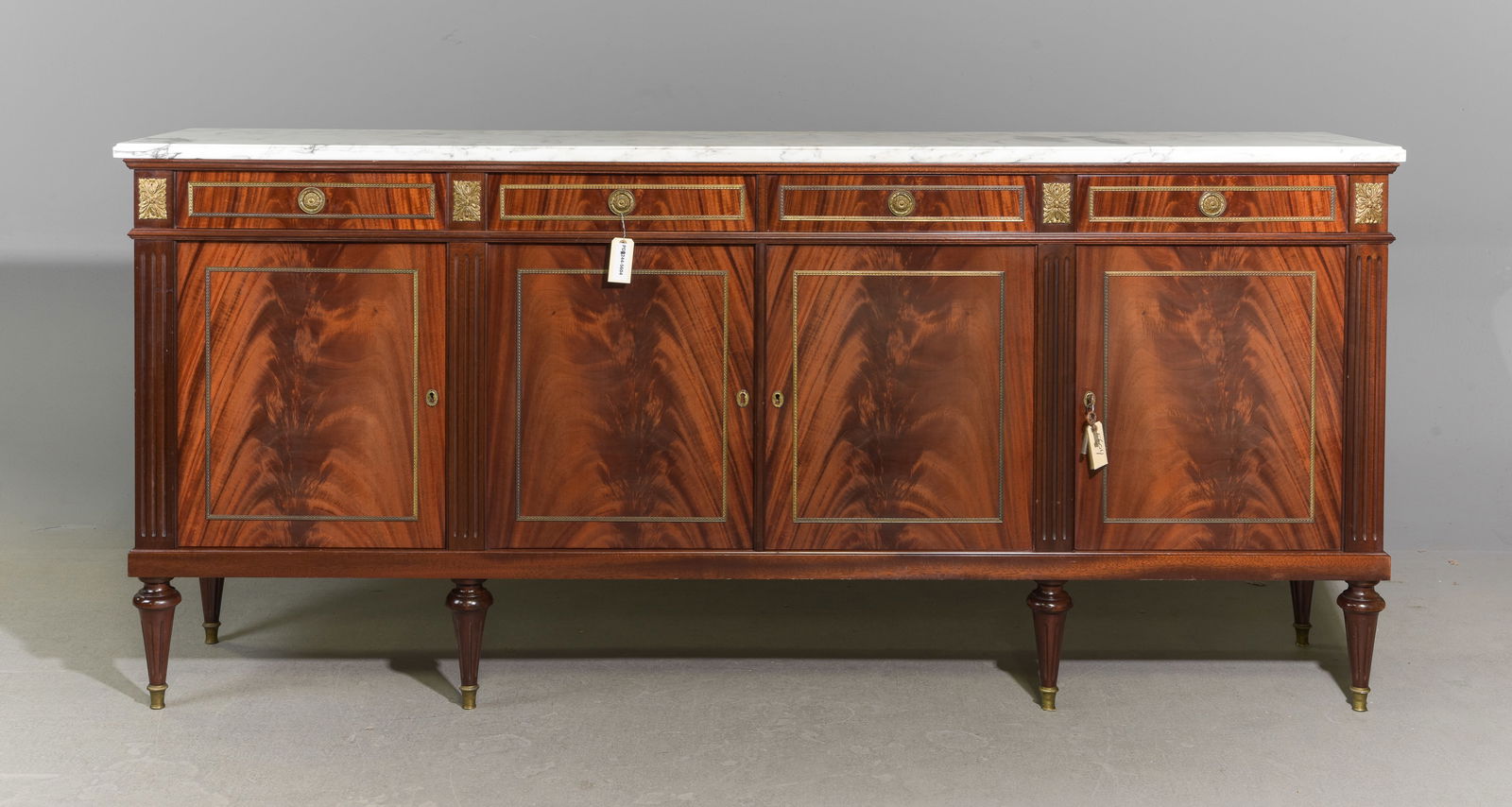 Louis XVI Style White Marble Top Mahogany Sideboard #1: French Louis XVI Style White Marble Top Mahogany Sideboard / Enfilade - 43.75 in tall x 90.5 x 19.75