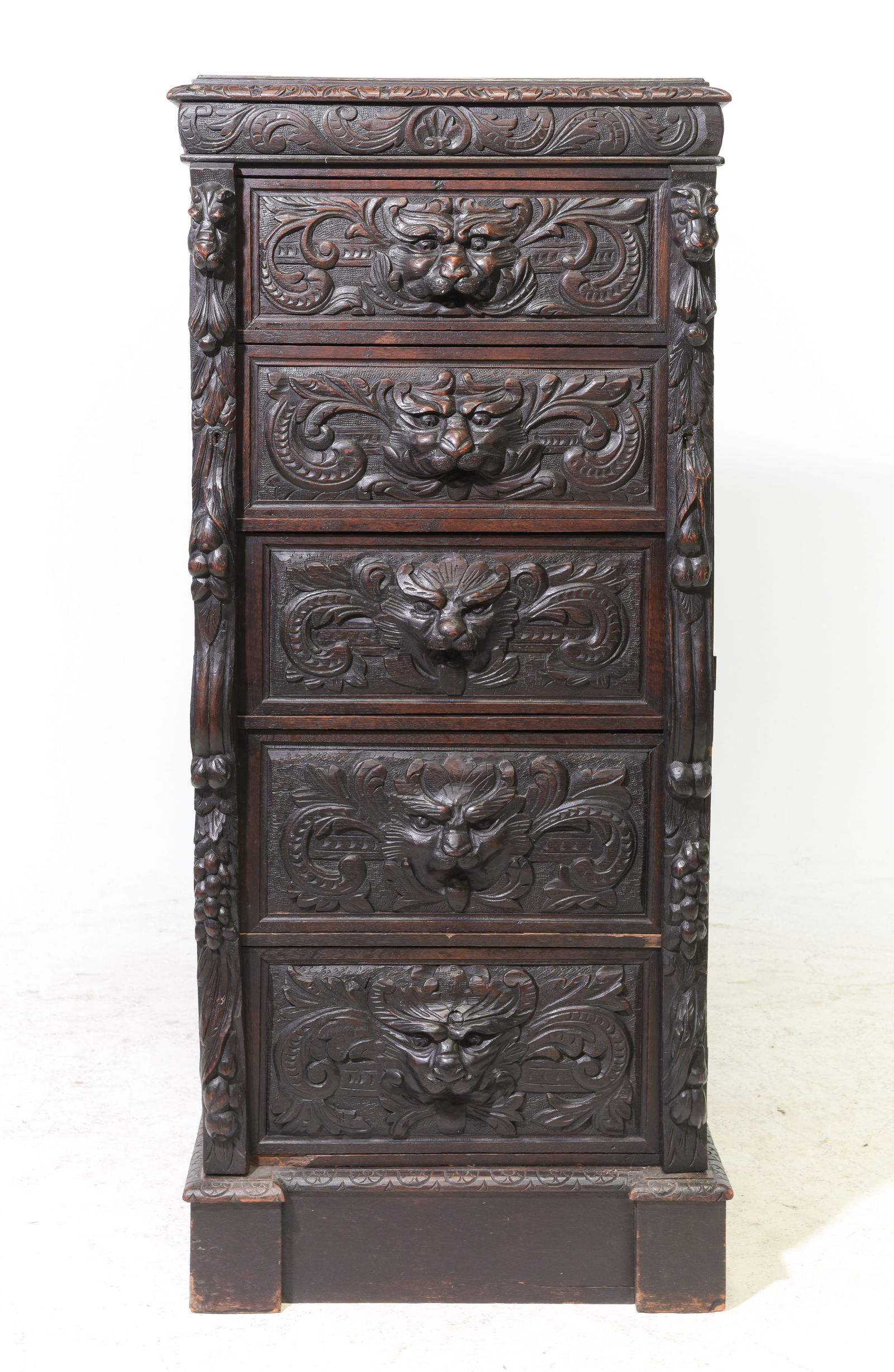 Victorian Carved Green Man Oak Wellington Chest: Victorian Carved Green Man Oak Wellington Chest - 54 in tall x 24 x 18