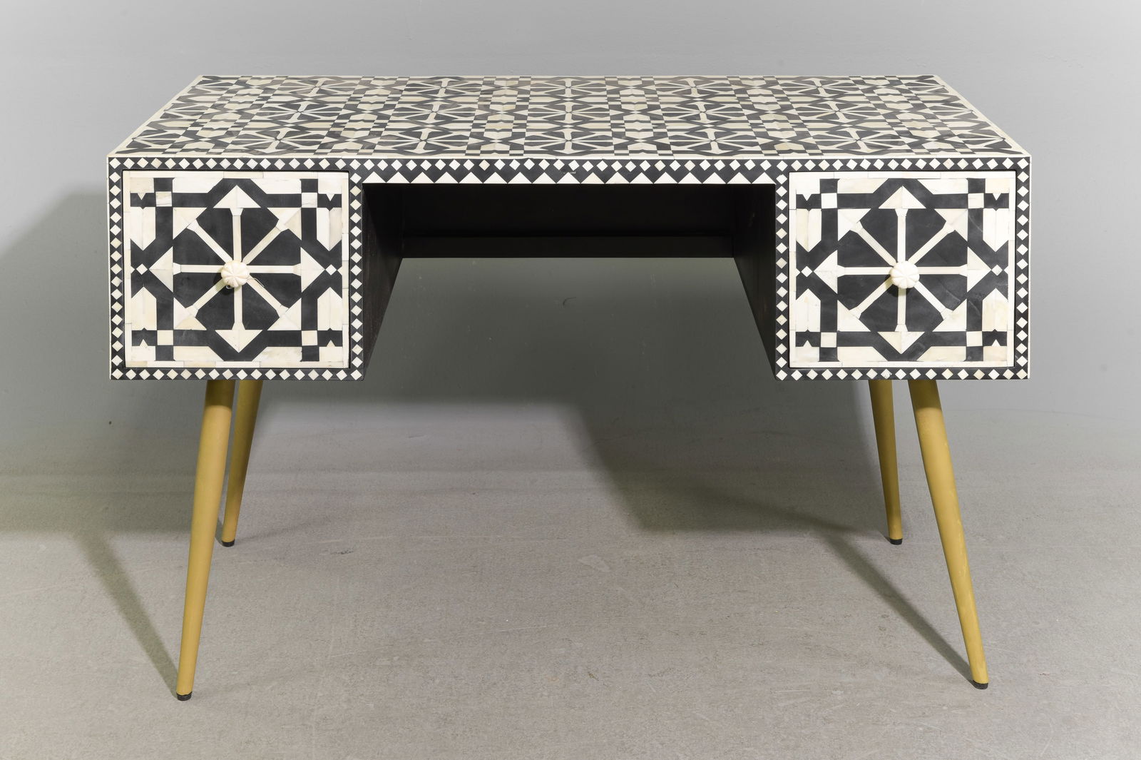 Bone Inlaid Modernist Desk with Drawers: Bone Inlaid Modernist Desk with Drawers - 30.5 in tall x 47.5 x 25, Kneehole is 28.5 inches by 21 inches