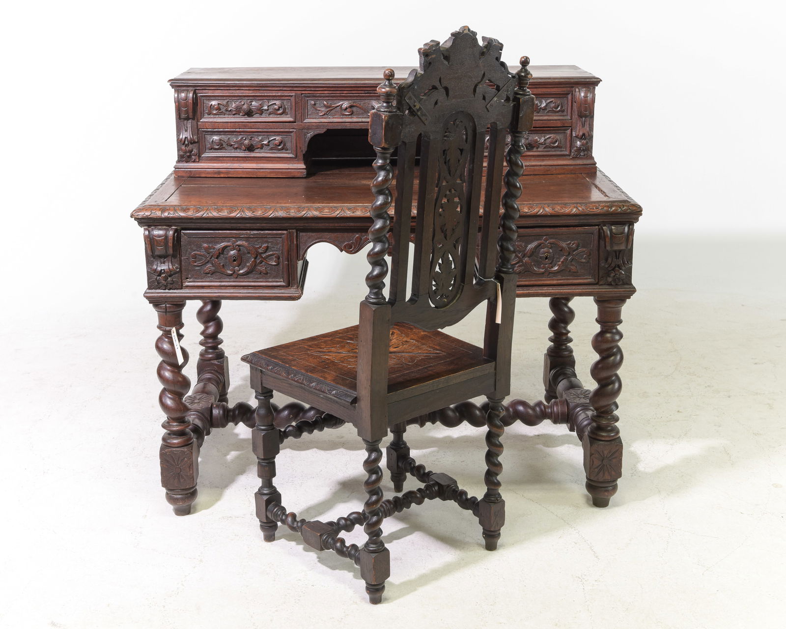 Louis XIII Style Small Oak French Twist Desk with Chair: French Renaissance / Louis XIII Style Small Oak French Twist Desk with Chair - 38 in tall x 43 x 27, Kneehole is 24.5 inches x 36.5 inches, Chair is 45 in tall x 17 x 18 with a seat height of 17.5 inc