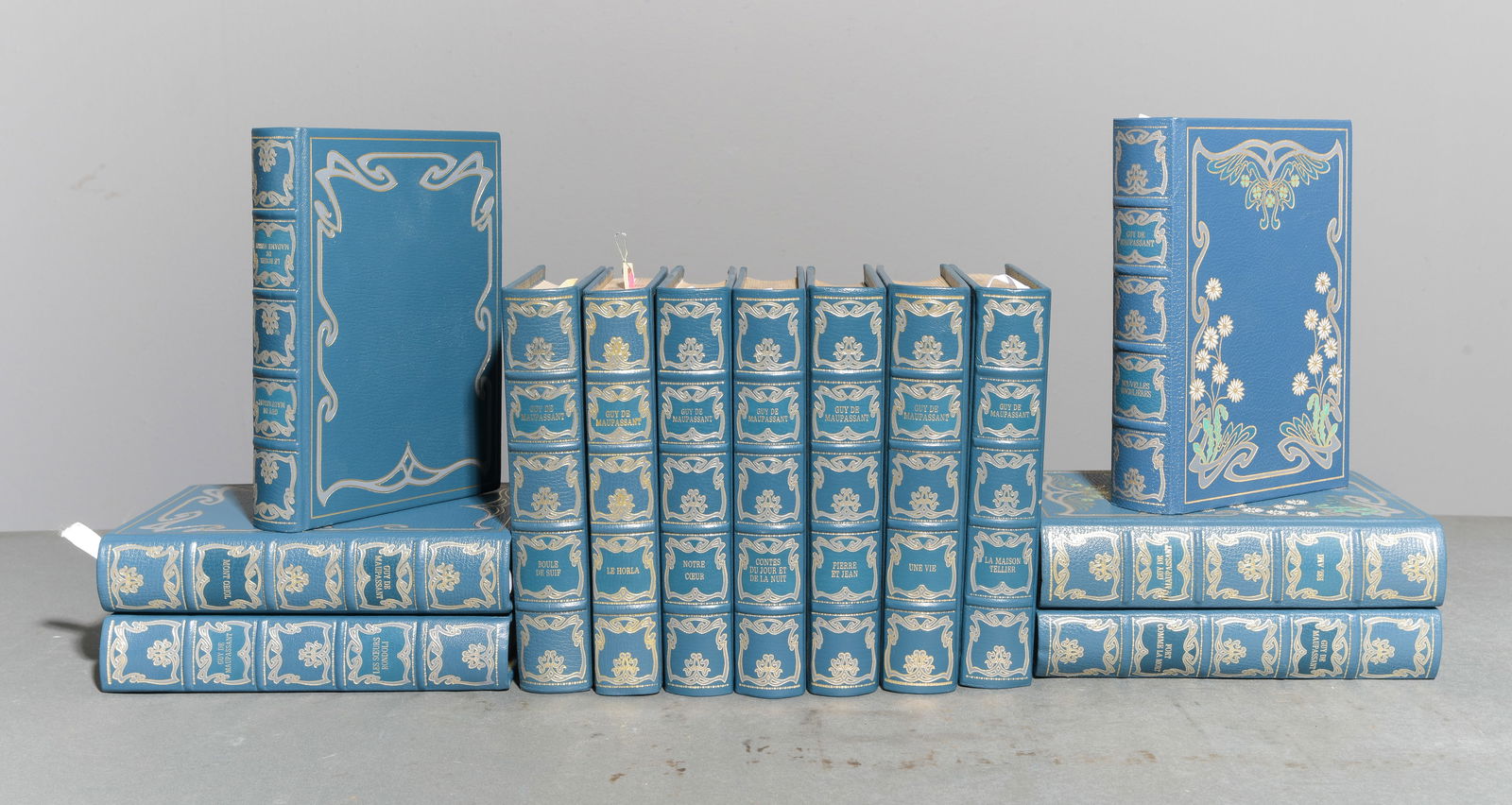 13 Assorted Blue Leather Bound European Novels: 13 Assorted Blue Leather Bound European Novels / Books - Largest is 8.75 in tall x 6 x 1.75