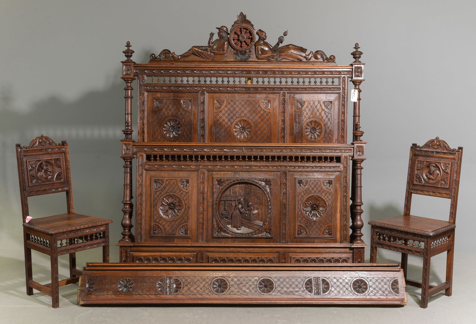 Breton Style Carved Bed with Rails & 2 Chairs (1 of 8)