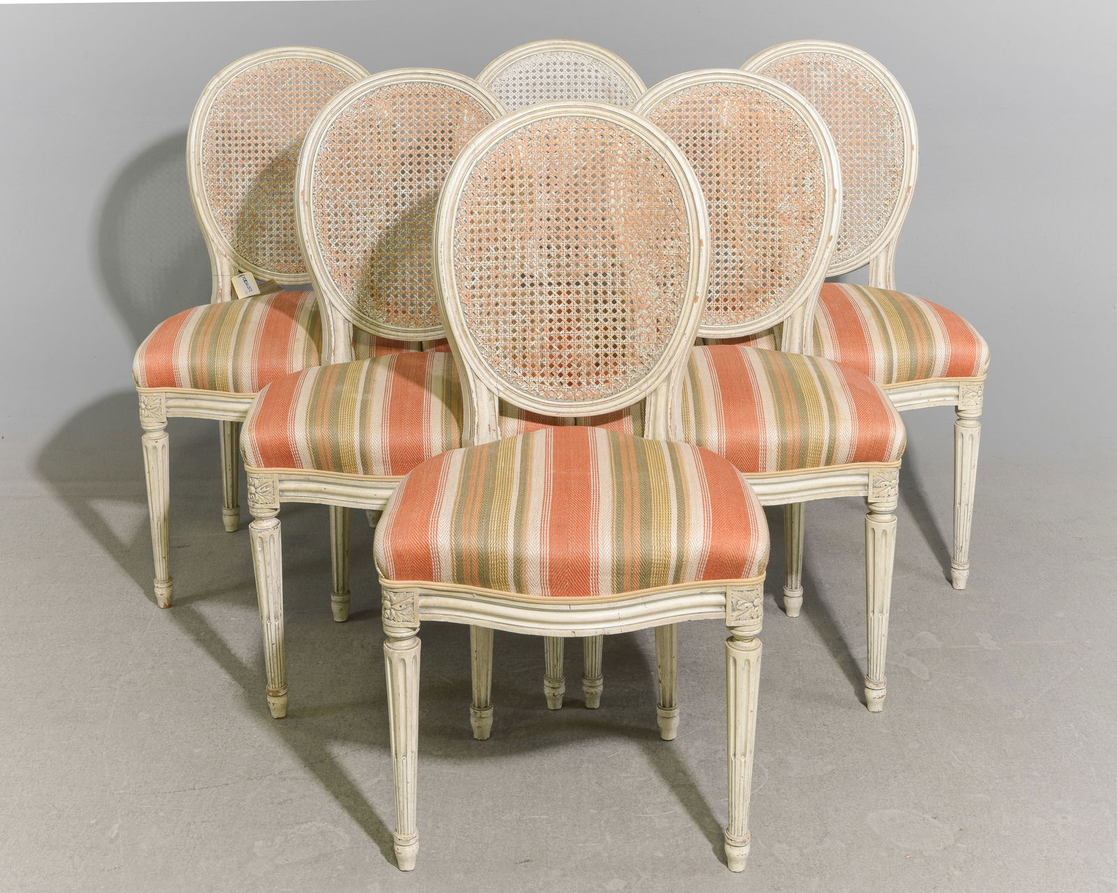 Louis XVI Style Set of 6 Painted Balloon Back Chairs: French Louis XVI Style Set of 6 Painted Balloon Cane Back Chairs - 36.5 in tall x 19.5 x 19 each with a seat height of 19 inches
