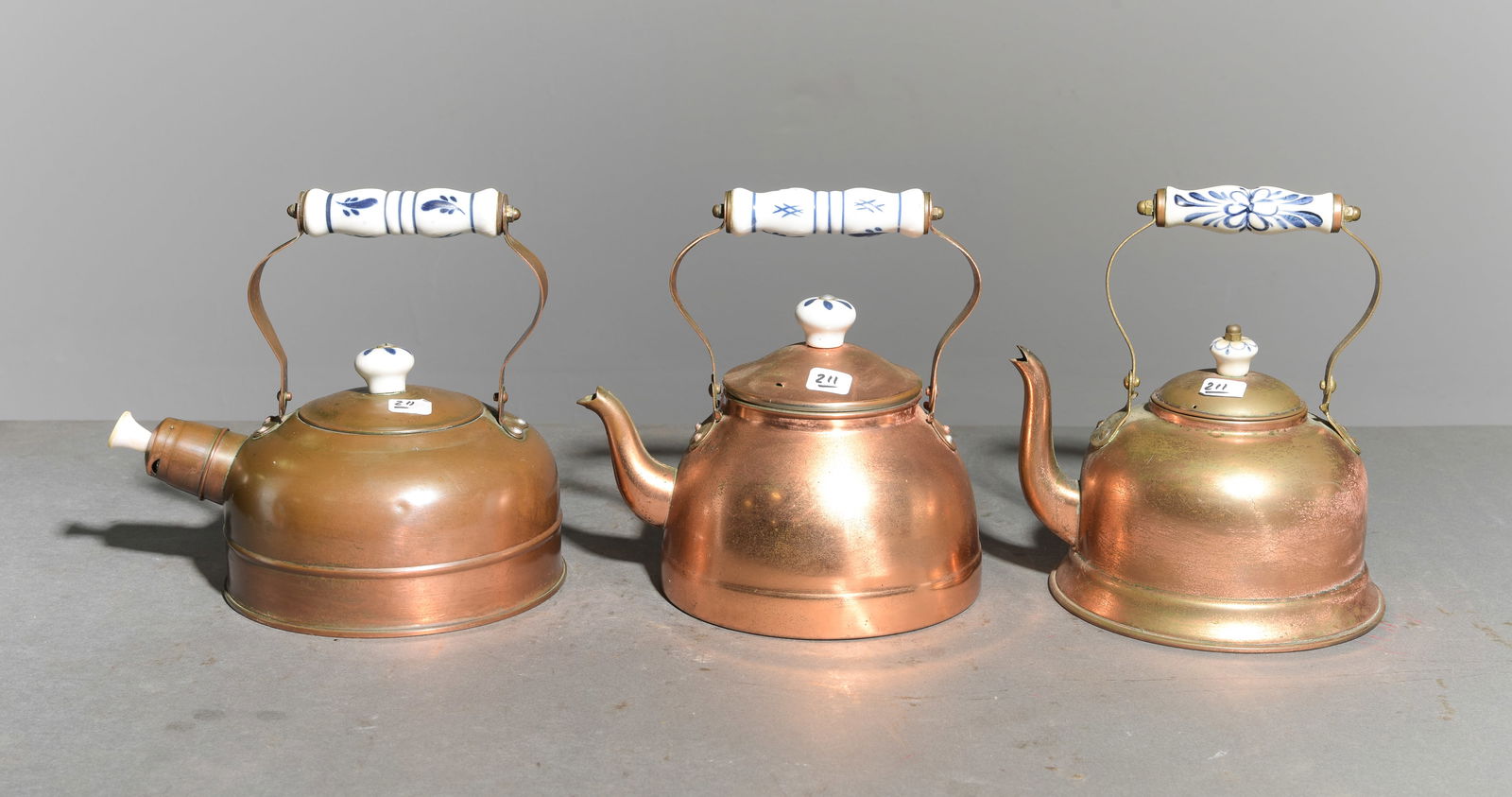 3 French Copper Tea Kettles with Delft Handles: 3 French Copper Tea Kettles with Delft Handles - 9 in tall x 8.5 x 6.5