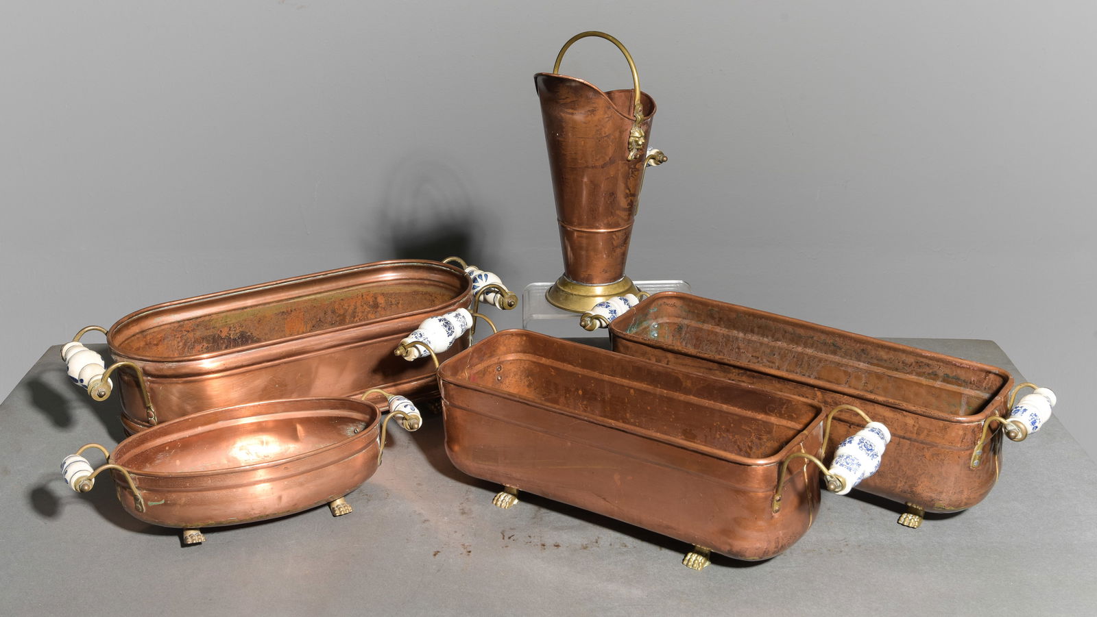 5pcs Assorted French Copper with Delft Handles: 5pcs Assorted French Copper with Delft Handles - Tallest is 11 in tall x 7.5 x 6