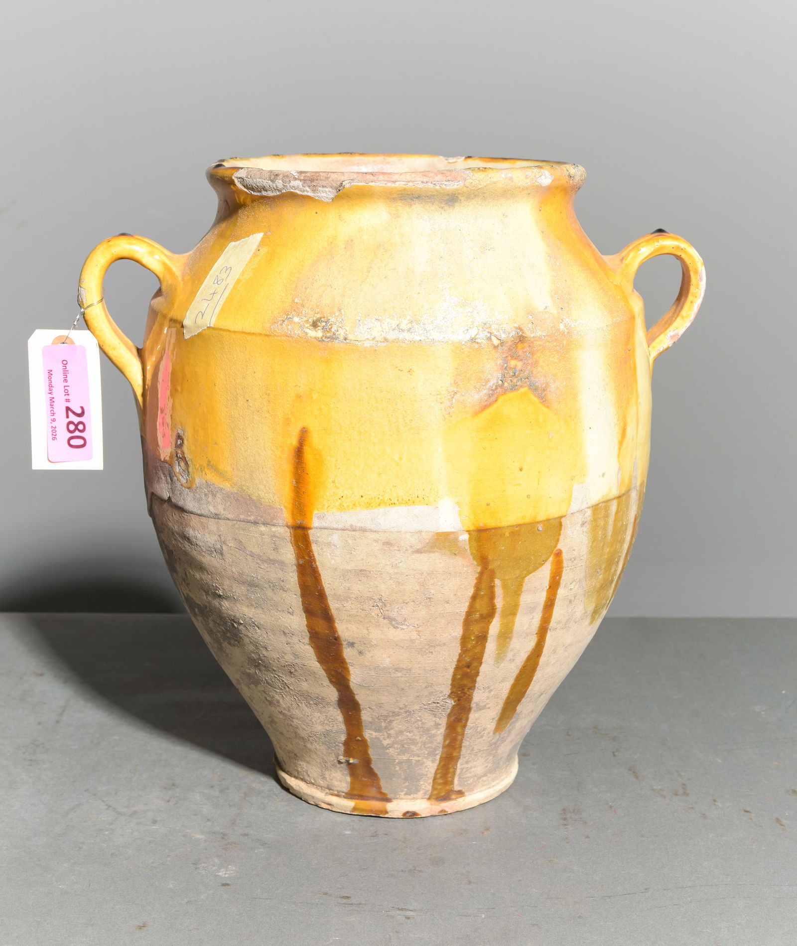 French Large Yellow Glazed Confit Pot: French Large Yellow Glazed Confit Pot - 15 in tall x 14 x 12