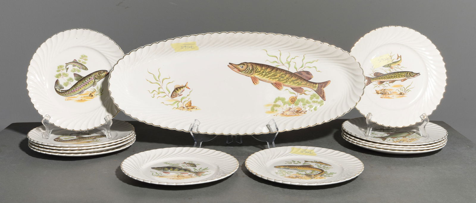 13pc French Fish Plate Set - Platter & 12 Plates: 13pc French Fish Plate Set - Platter & 12 Plates - 1.5 in tall x 23.5 x 9.5, Plates are 1 in tall x 9.75 inch diameter