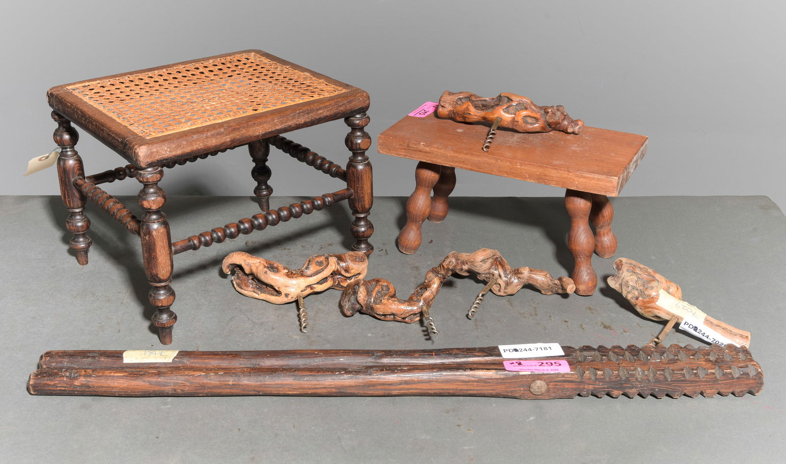 8pcs - French Stools, Corkscrews, Etc.: 8pcs - French Stools, Corkscrews, Etc. - The caned top stool is 10 in tall x 12 x 10