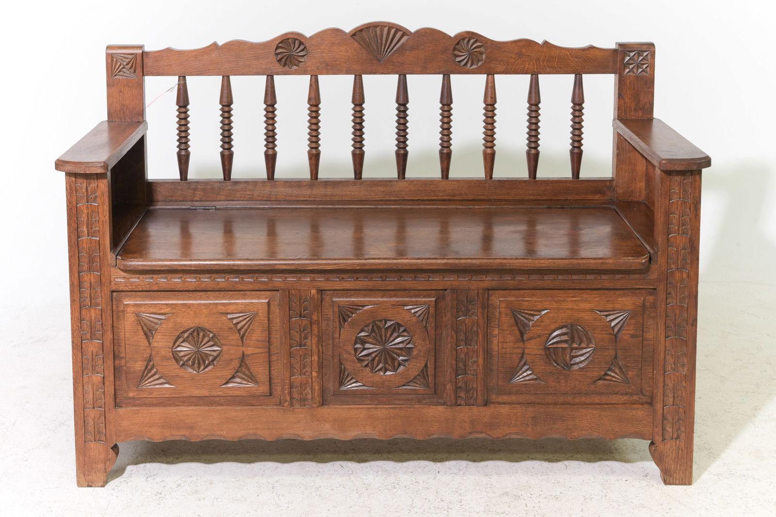 French Carved Oak Hall Bench with Storage: French Carved Oak Hall Bench with Storage - 36.5 in tall x 54 x 17 with a seat height of 16 inches
